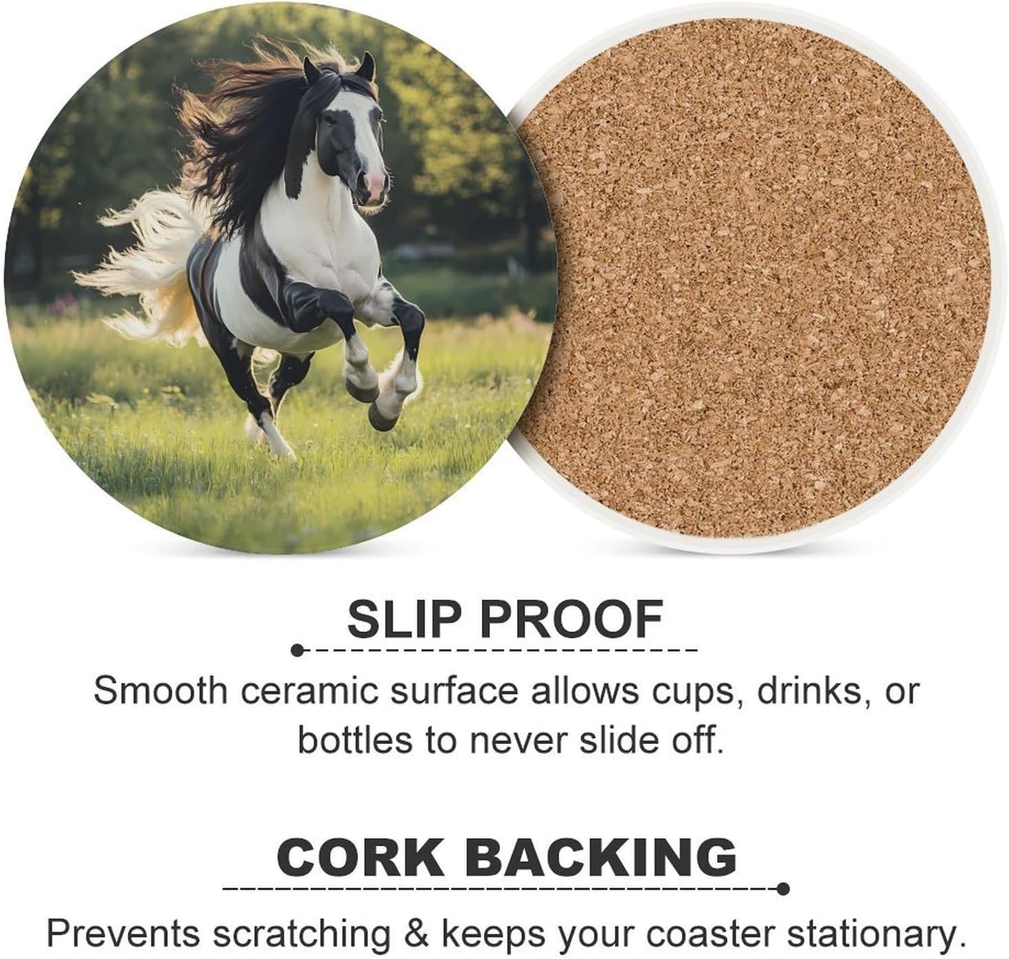 Black and White Horses Coasters for Drink Round Ceramic Coaster with Cork Base Home Decorative 4PCS