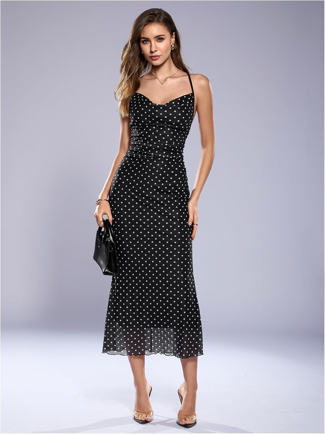 SOLY HUX Women's Polka Dots Halter Bodycon Maxi Dress Cowl Neck Fishtail Cocktail Evening Dresses