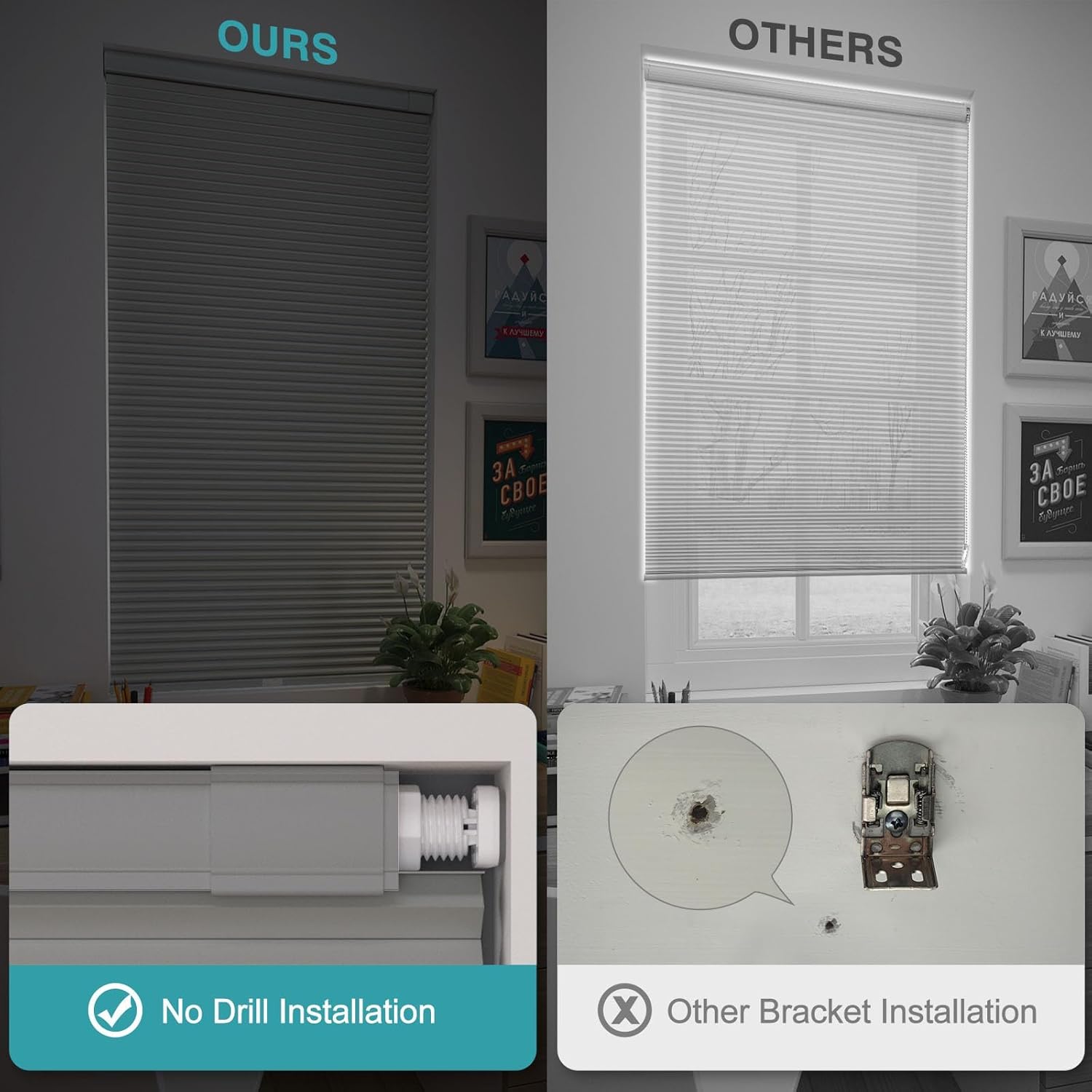 No Drill No Tools Blackout Cellular Shades Easy to Install for Indoor Windows Cordless Honeycomb Blinds Soundproofing and Heat Insulation,Gray,75"x60"H