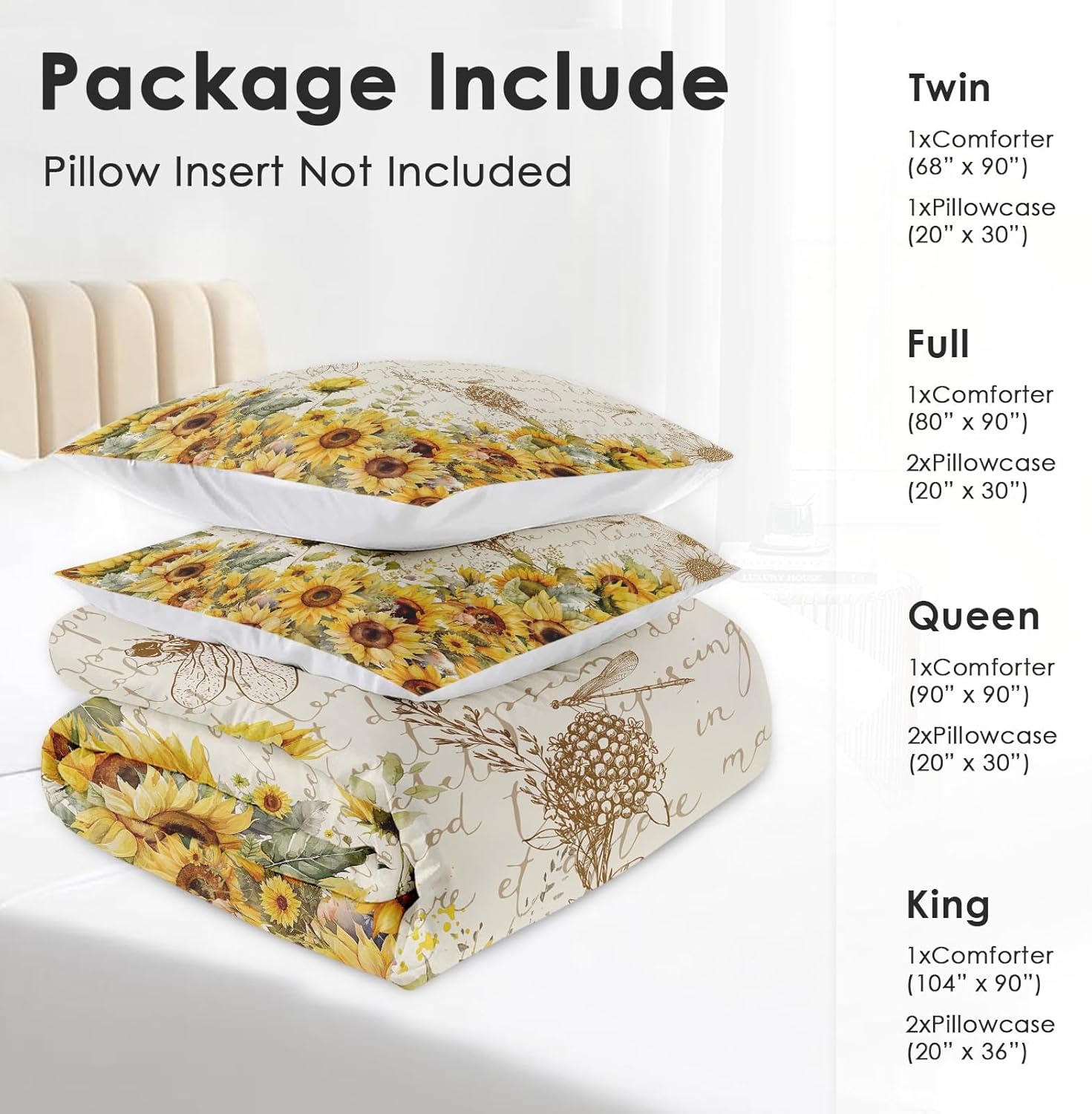 Comforter Set Queen Size, Sunflower Floral Flower Soft 3 Pcs Bedding for Kids and Adults, Dragonfly Vintage Summer Comforter Set with Pillowcase, for Bedroom Bed Decor - Image 6