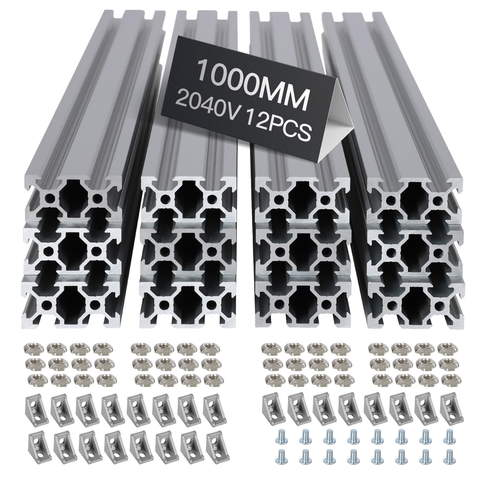 12pcs 1000mm 2040 V-Slot Extrusion Aluminum Profile, Anodized Linear Rail for 3D Printer Frame, CNC Machine, DIY Robotics & Structural Projects Silver
