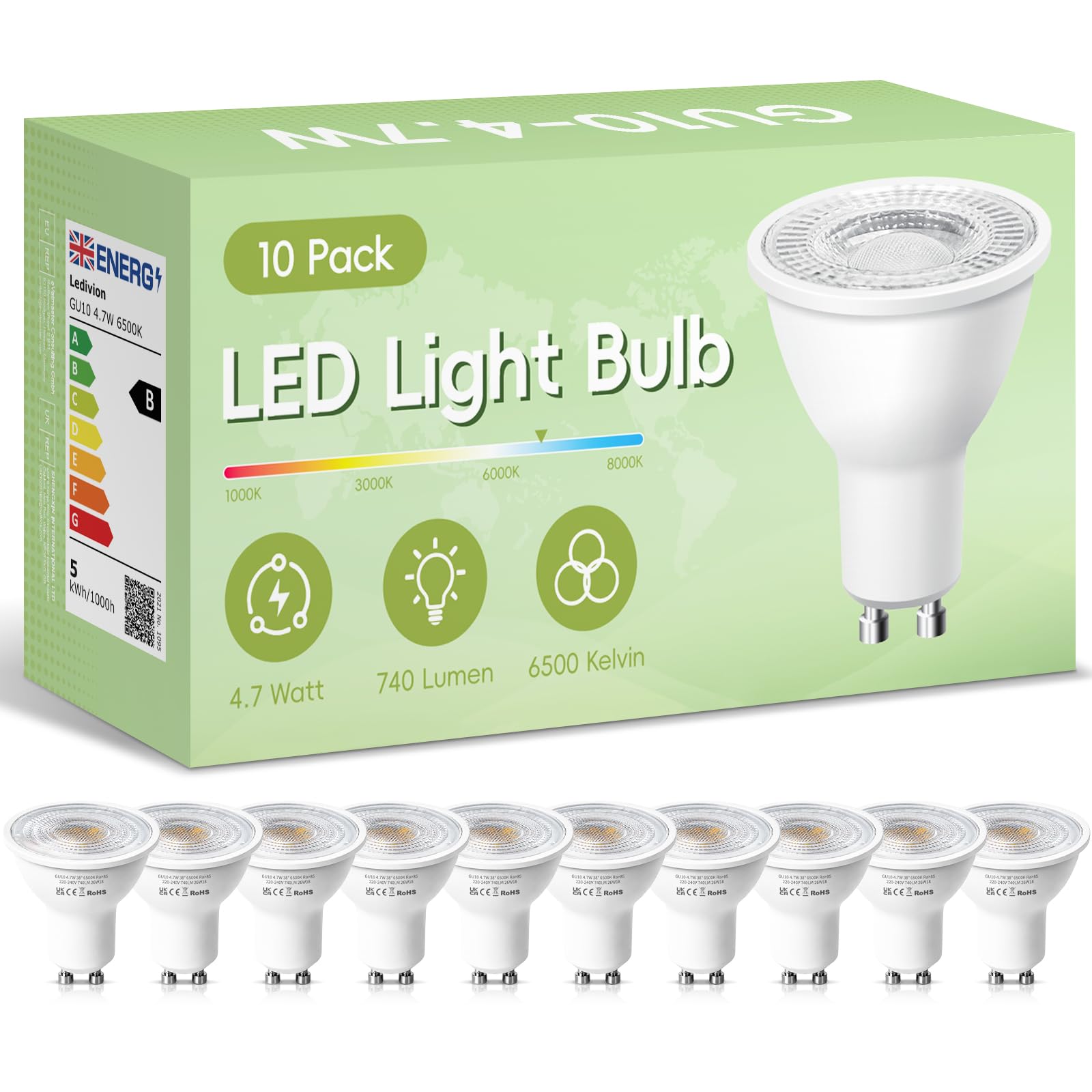 GU10 LED Bulbs Cool White 6500K, LED Spotlight Bulbs 4.7W, Energy Saving LED Light Bulb, 220-240V 740LM, CRI>85, 38° Beam Angle, Non-Dimmable, GU10 Bulbs for Ceiling, Home Lighting, Pack of 10