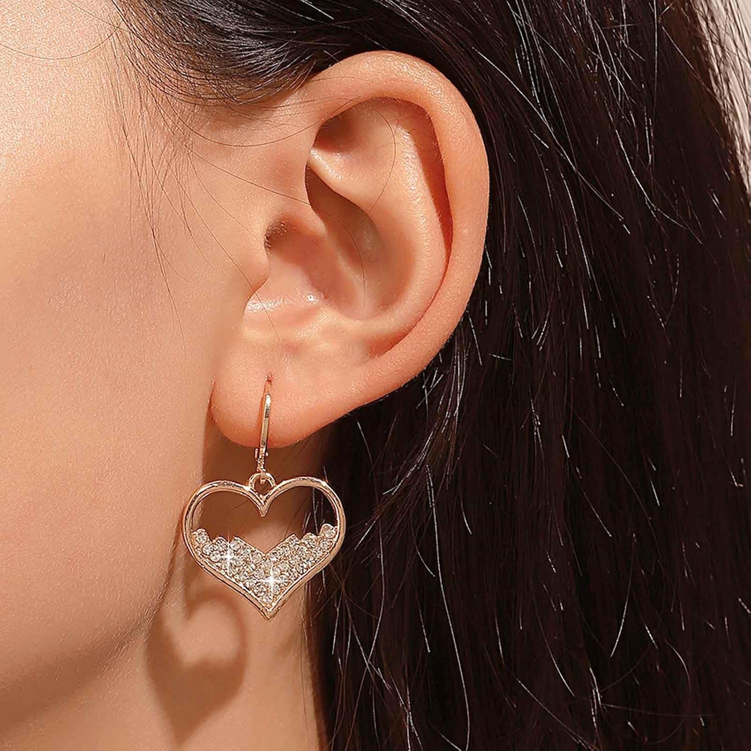 Bohemian Crystal Heart Dangle Earrings Gold Cz Heart Drop Earrings Large Hollow Heart Hook Earrings Paved Rhinestone Heart Earrings Jewelry for Women Gifts - Image 2