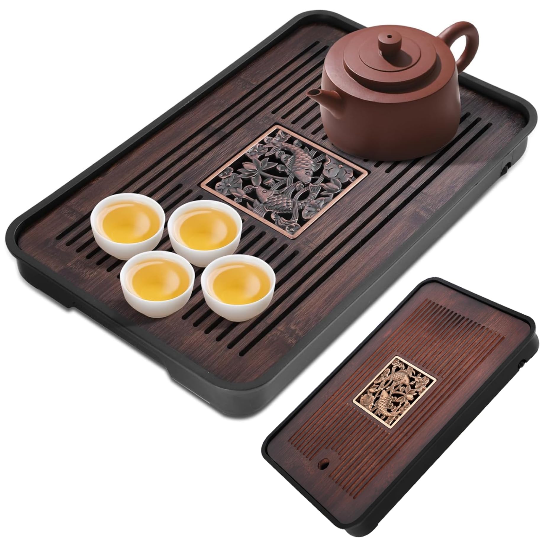 Bemonew Kung Fu Tea Set Tea Tray 14.2x9.5 Detachable Bamboo Chinese Gongfu Tray with Water Storage Drainage for Kung Fu Teapot Set, for Friends Relatives