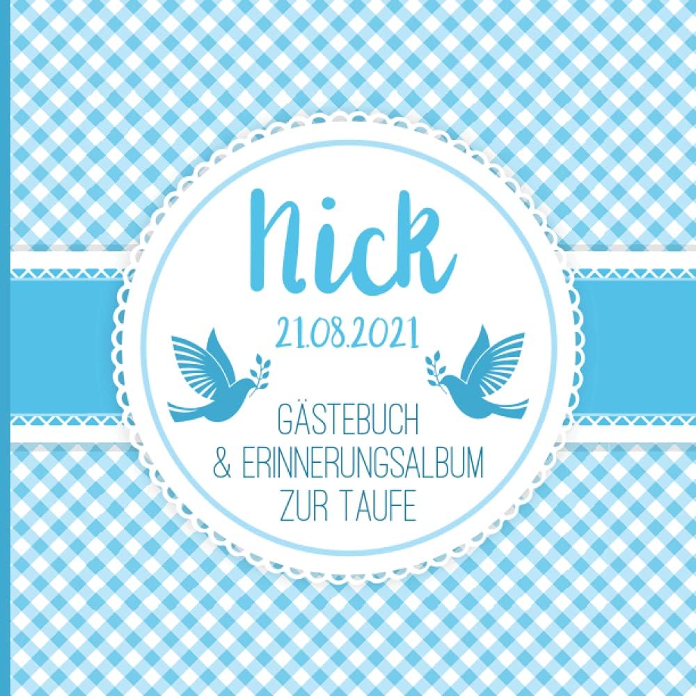 Guestbook GoodnessNick - Gästebuch & Erinnerungsalbum zur Taufe: Personalisiertes Gästebuch mit vordefinierten Fragen, 100 Seiten, blau weiß kariert mit Tauben