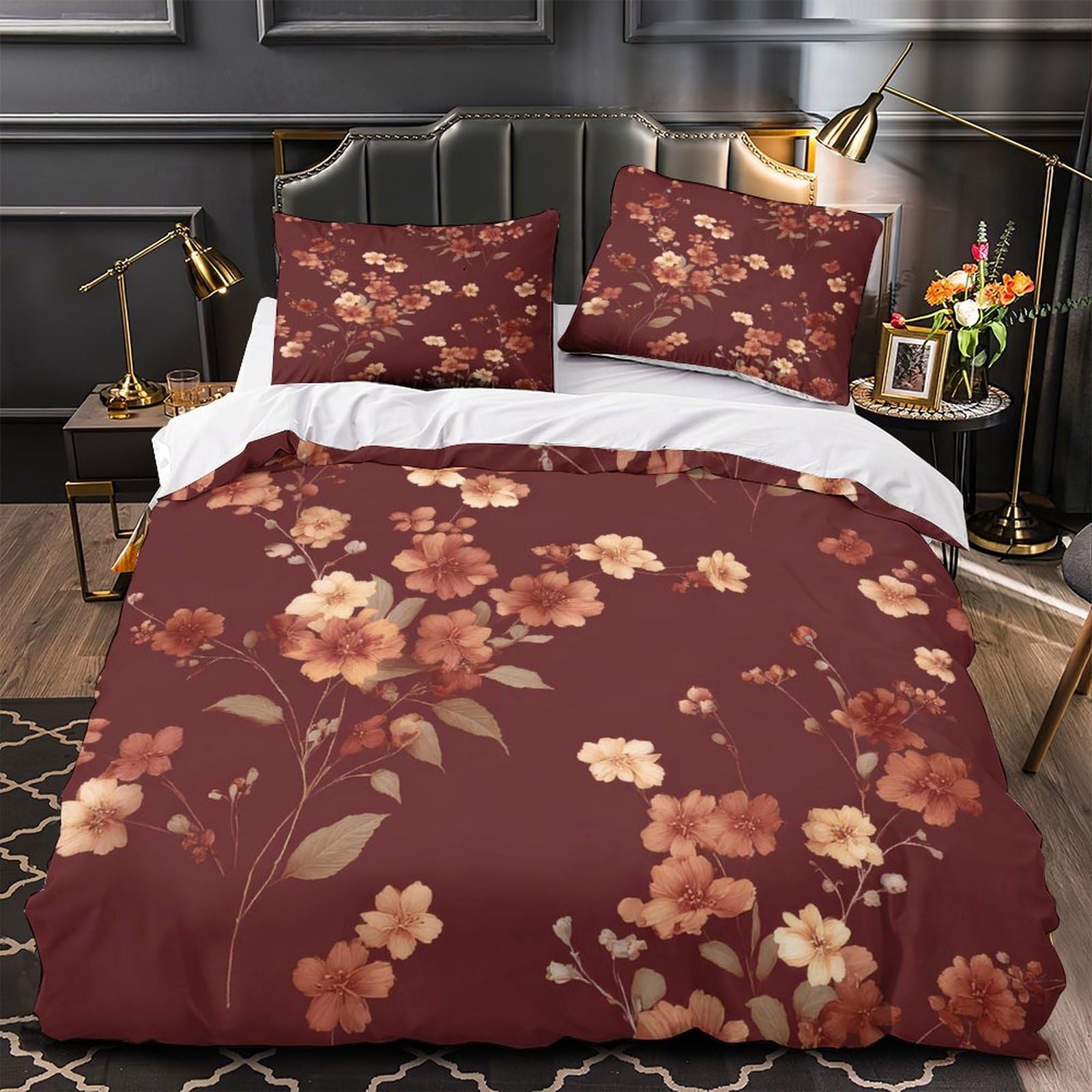 MMDASBVPE FloralPattern Quilt Cover 3D Print Premium 3 Pieces Bed Set Hidden Zipper Duvet Cover Extra Soft Wrinkle-Resistant for Adults Kids Teens Women Youth Teenagers Single（140x200cm）