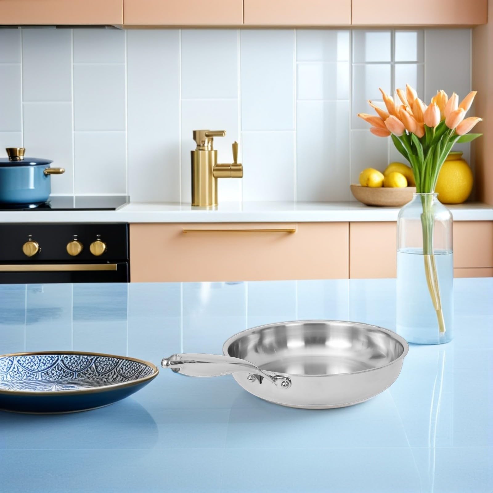 PRETYZOOM Sartén de Acero Inoxidable de 3 Capas de 11 Pulgadas sin Revestimiento con Mango Resistente al Calor para Cocina a Fuego Directo E Inducción, Apta para Lavavajillas y Horno