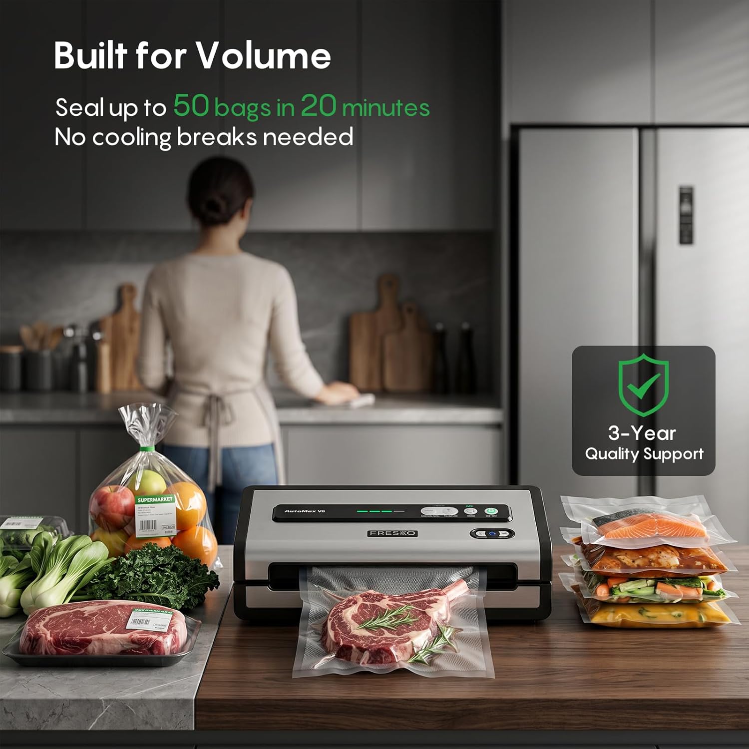 FRESKO Automatic Vacuum Sealer for Food, Hands-Free Operation Food Sealer, Continuous Seal 50 Bags in 20 Mins, Built-in Cutter & Roll Storage, Powerful Suction for Meal Prep & Bulk Food Storage