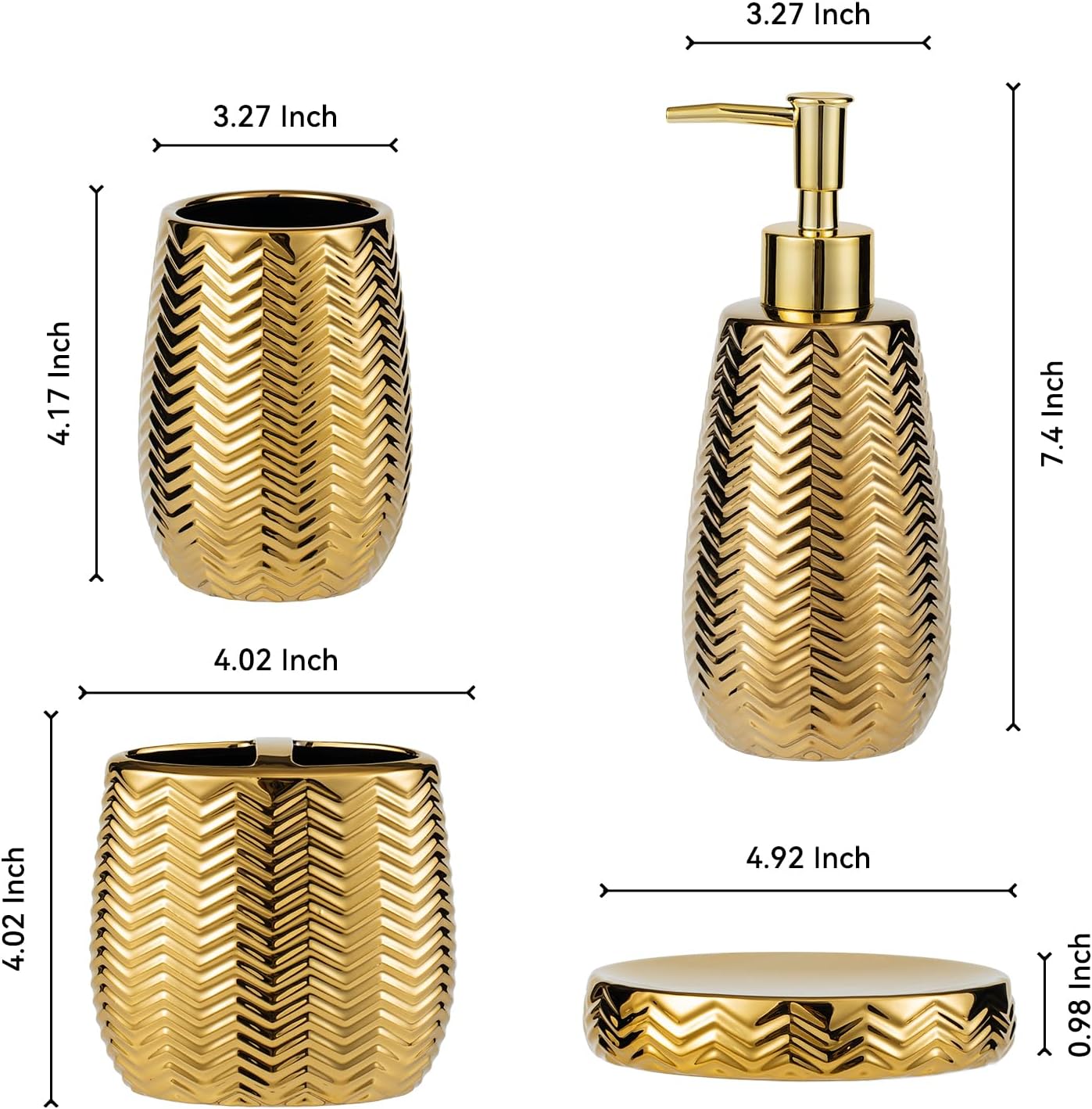 Bathroom Accessories Set 4 Pcs, Gold Ceramic Bathroom Accessories Complete with Soap Dispenser, Toothbrush Holder, Bathroom Tumbler, and Soap Dish - Modern Bathroom Decor