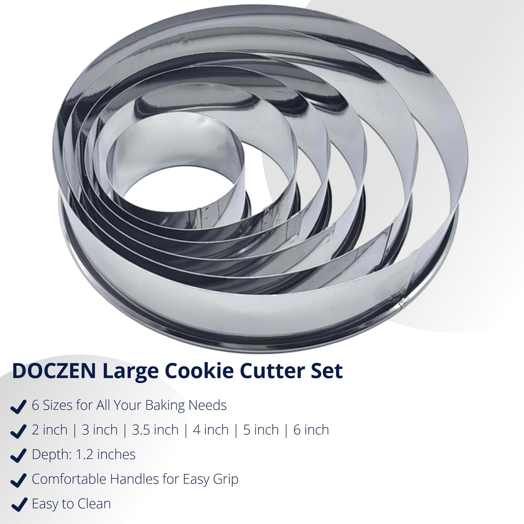 Juego de 6 cortadores redondos de galletas (2, 3, 3.5, 4, 5, 6 pulgadas) DOCZEN grandes cortadores circulares de acero inoxidable para hornear, galletas, pasteles, sándwiches, duraderos y fáciles de