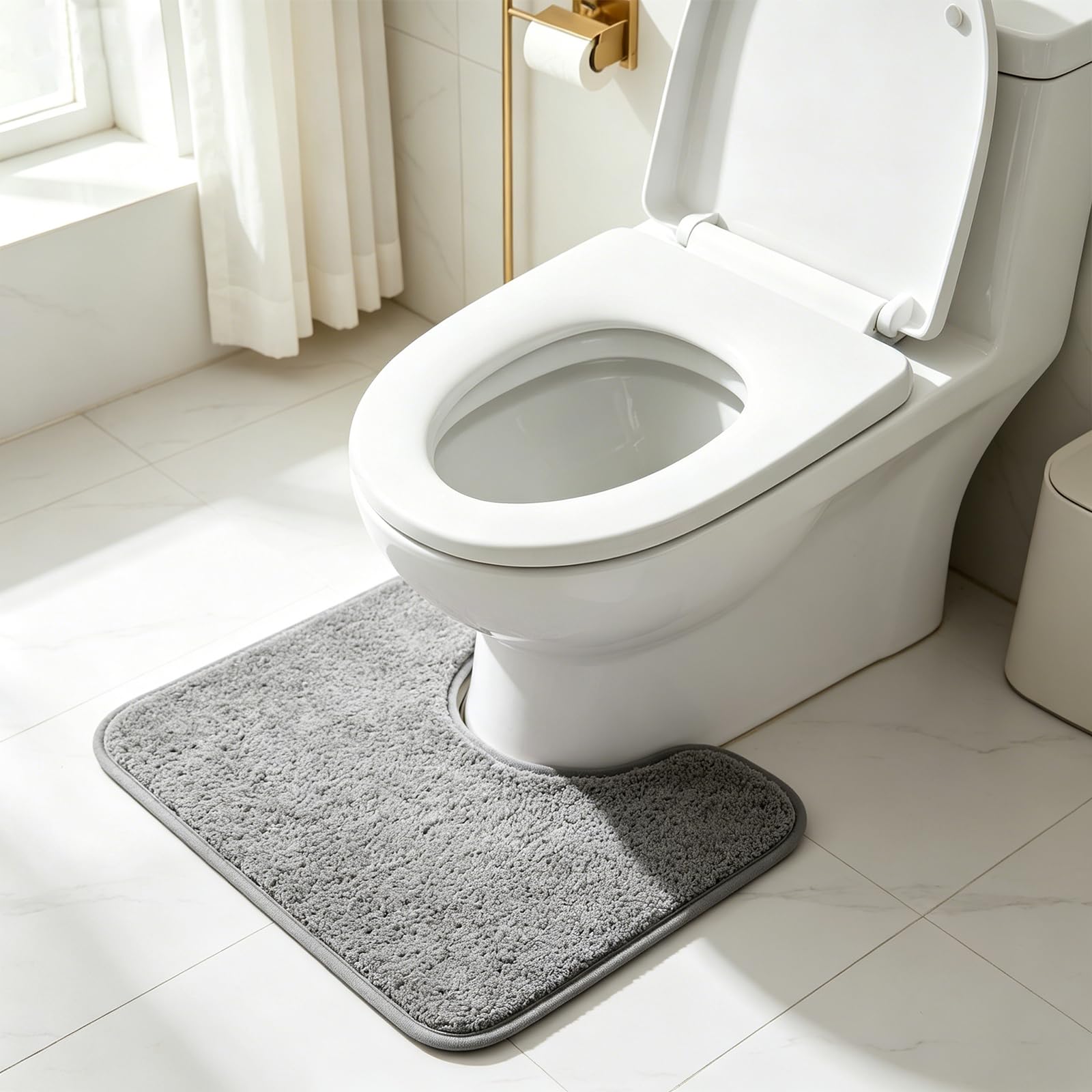 SNXCEUG Absorbent Toilet Mat, Non-Slip U-Shaped Bathroom Rug, Microfiber Fluffy Plush, Toilet Pedestal Carpet, Machine Washable Quick Dry, Grey 50 x 40cm
