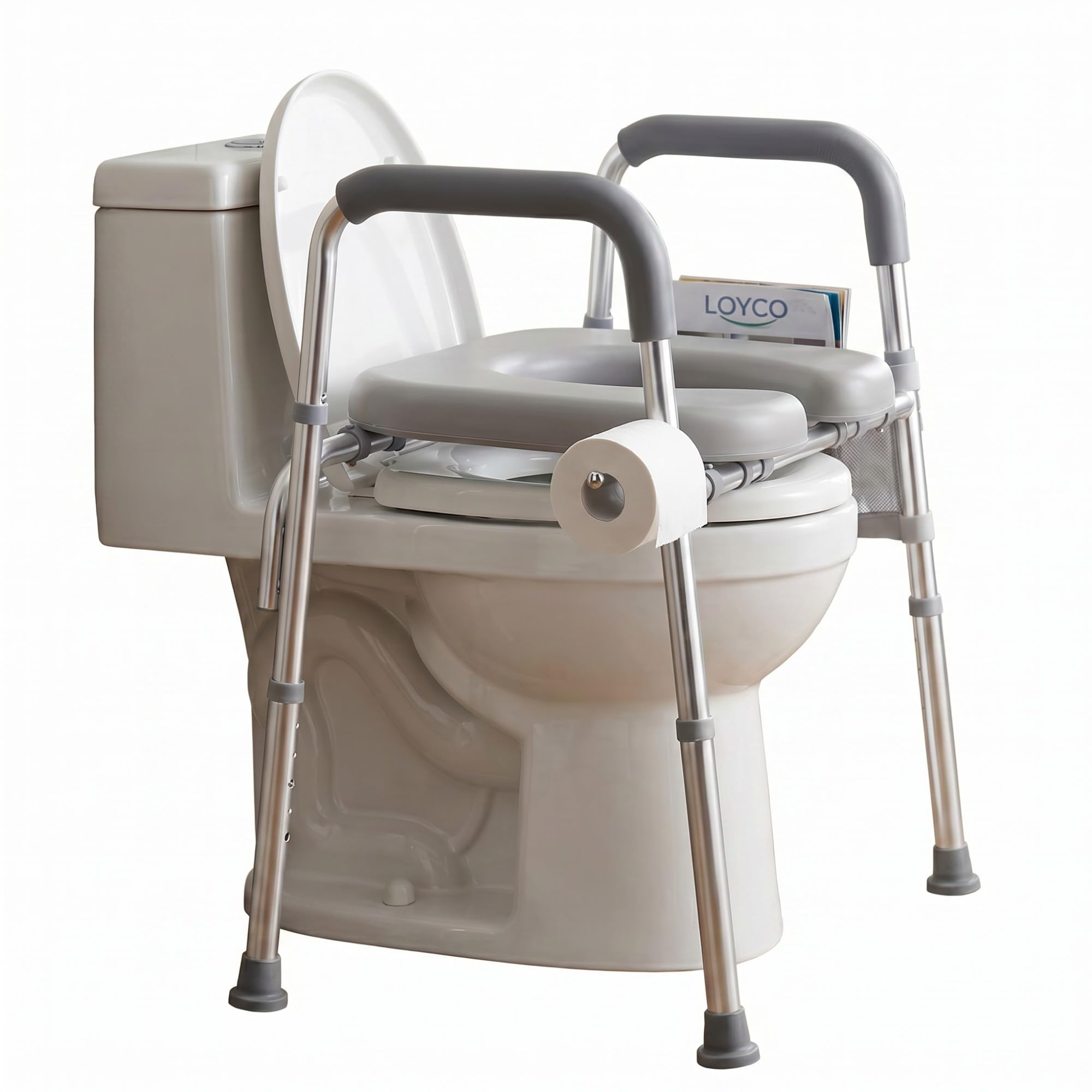 RELAX4LIFE Rialzo WC per Anziani, Sedile WC Rialzato con Portacarta Igienica e Tasca Portaoggetti, Altezza Regolabile, Telaio in Alluminio, Alzata Water per Anziani