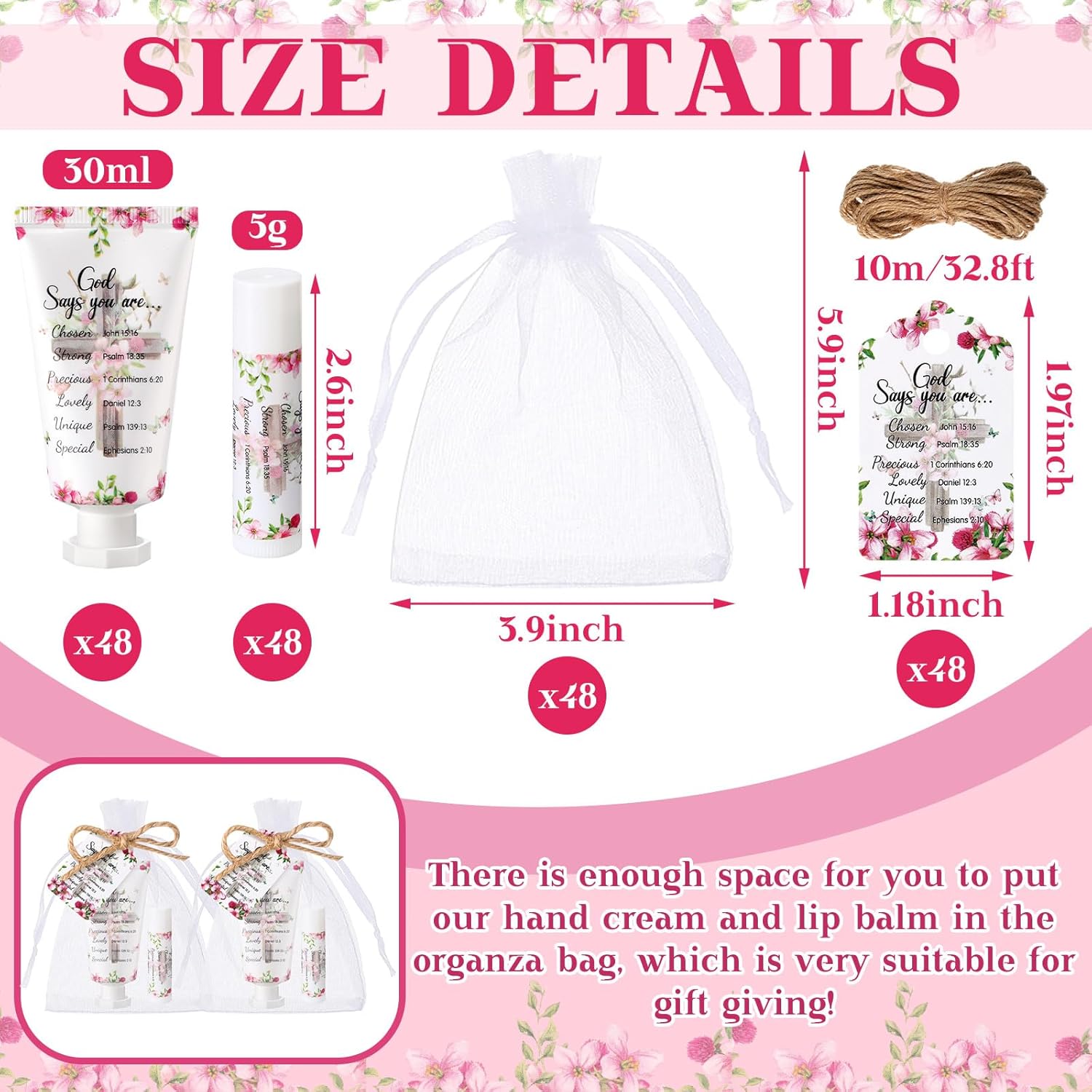 48 Sets Mothers Day Gifts Christian Hand Cream and Lip Balm Bulk Christian Gift for Women Sets Bible Verse Thank You Cards with Organza Bag Tag for Baby Shower Mom Holiday Supplies(Classic)