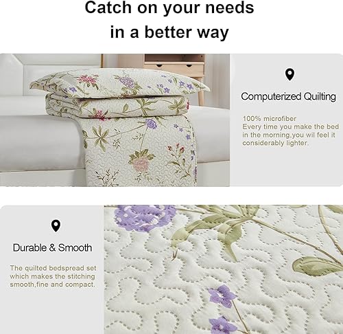 Miniatura 5 de Ycosy Juego de edredón de flores, tamaño Queen, color beige, colcha floral para primavera y verano, colcha reversible ligera y reversible, colección