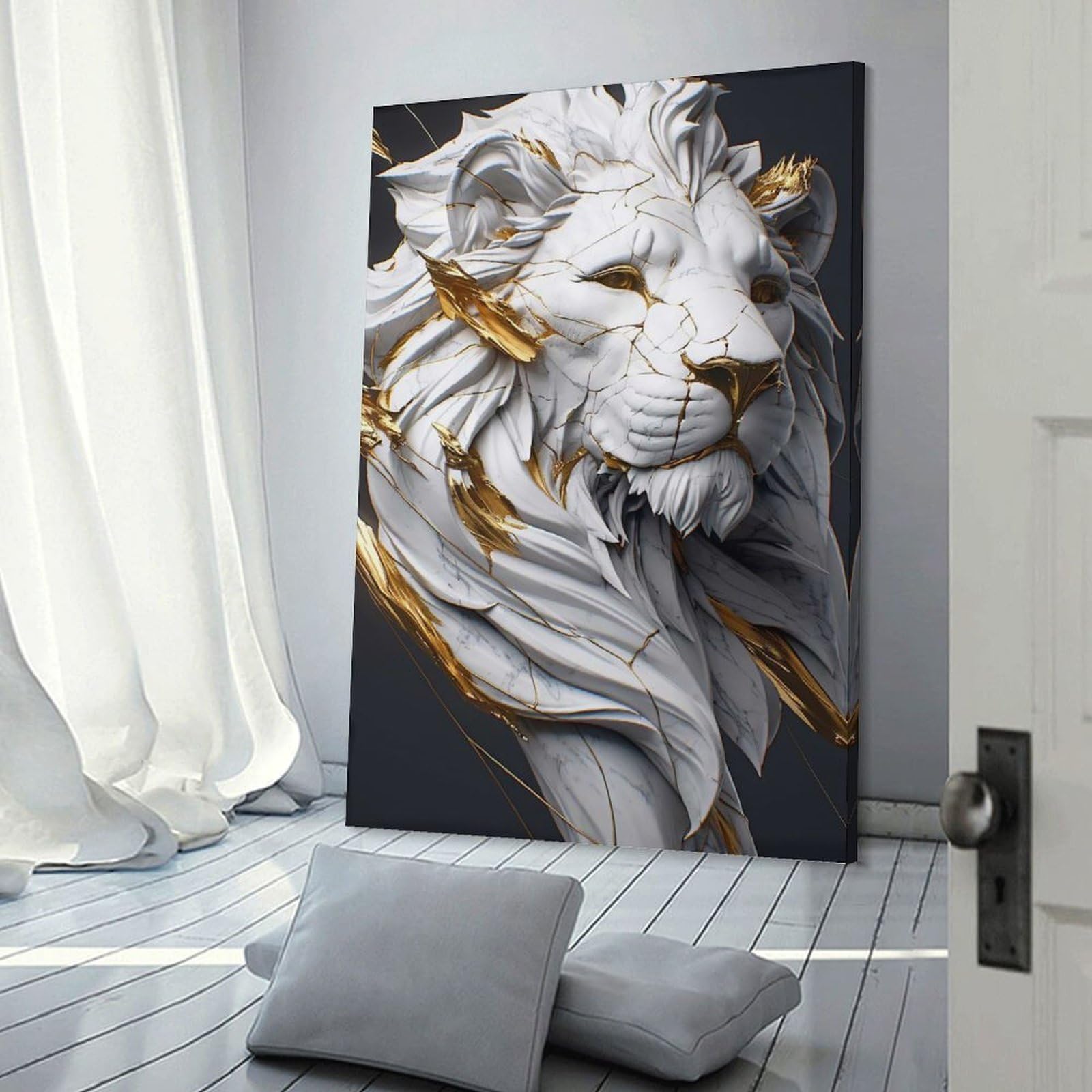 Junmoney Frame-Style-17 Cracked Marble Lion With Gold Accents Wall Art Print 20X30inch(50X75cm), For Gallery Wall Layouts In Home Or Office, An Easy Match For Collected Prints