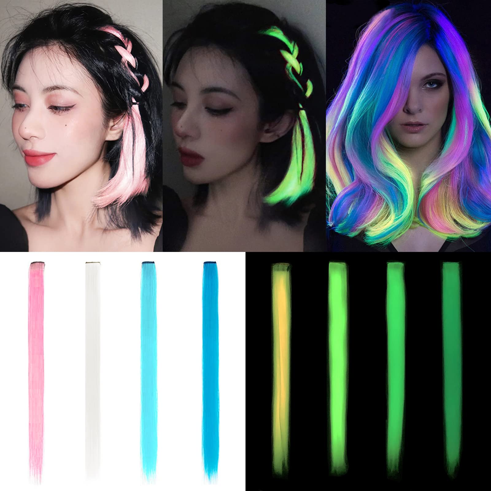 ZSIIBO 8 Pcs Glow in the Dark Hair Extensions Clip in for kids Girls women Party Highlights Luminous Colored Hairpieces DIY Hair Accessories Gift(4 Colors 8Pcs)