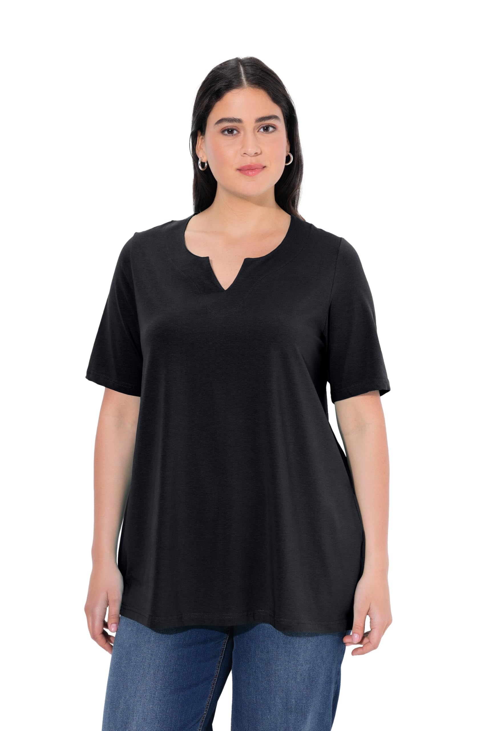Ulla Popken Women's T-Shirt, A-Linie, Tunika-Ausschnitt, Halbarm T-Shirt, Black Beauty, 58/60
