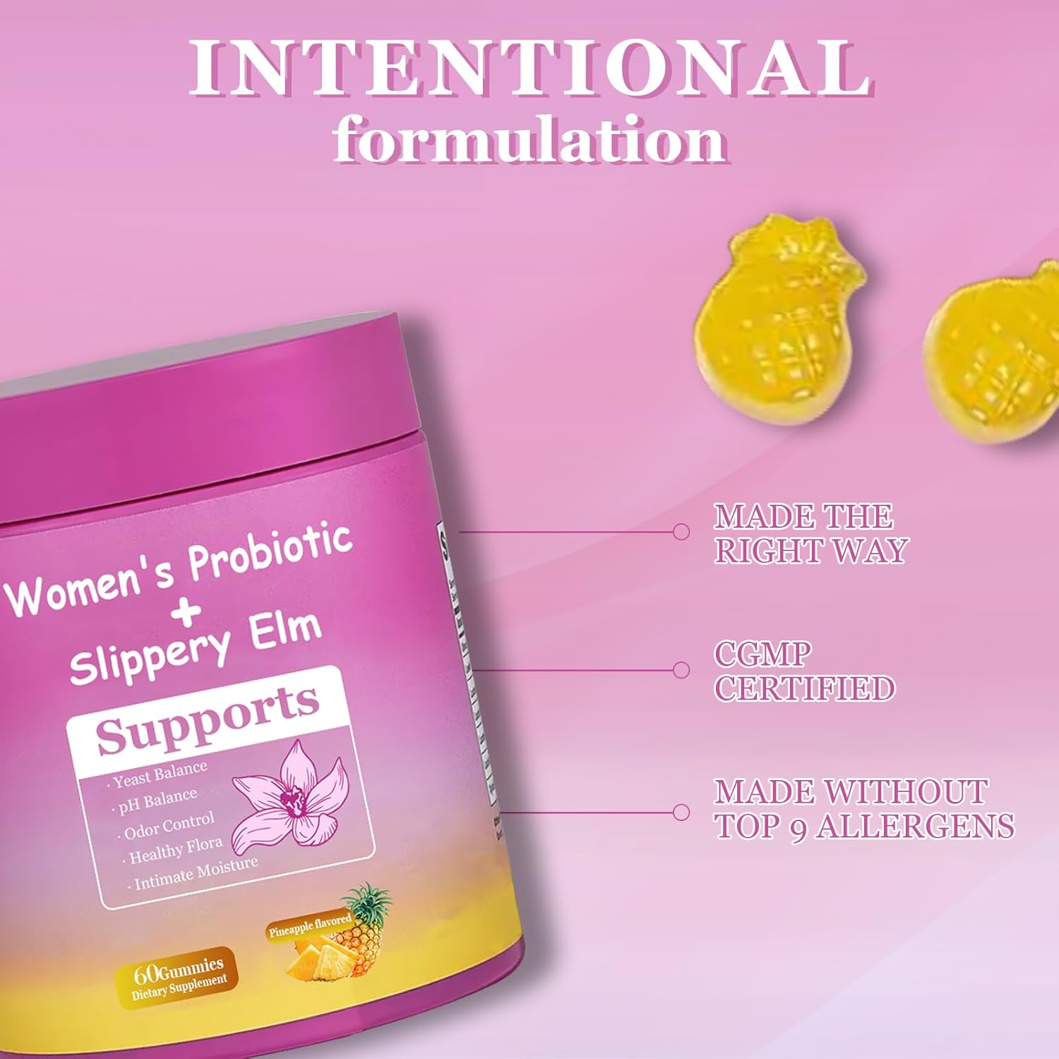 DYALE Her Juicy Feminine Probiotics Gummies for Women | Pineapple Flavor | Supports pH Balance, Gut Health & Immune System | with Slippery Elm, Prebiotics & Lactobacillus Blend | 60 Gummies (2pcs)