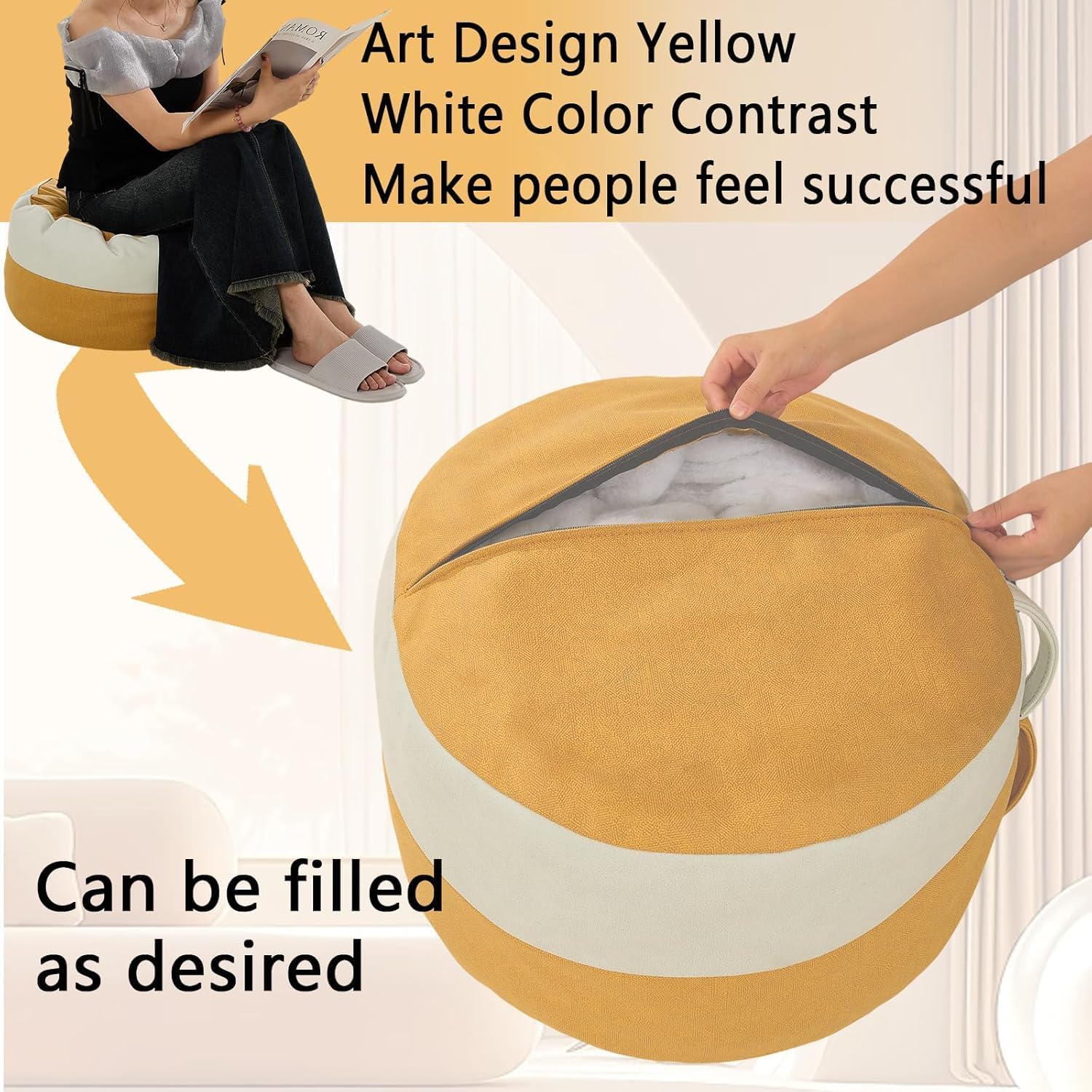 Louis Donné Outdoor Pouf Ottoman Cover (Unfilled), Waterproof Round Footstool & Bean Bag Chair, Multi-Function Stuffed Storage Solution, Yellow & White Boho Foot Rest for Patio Garden, Living Room