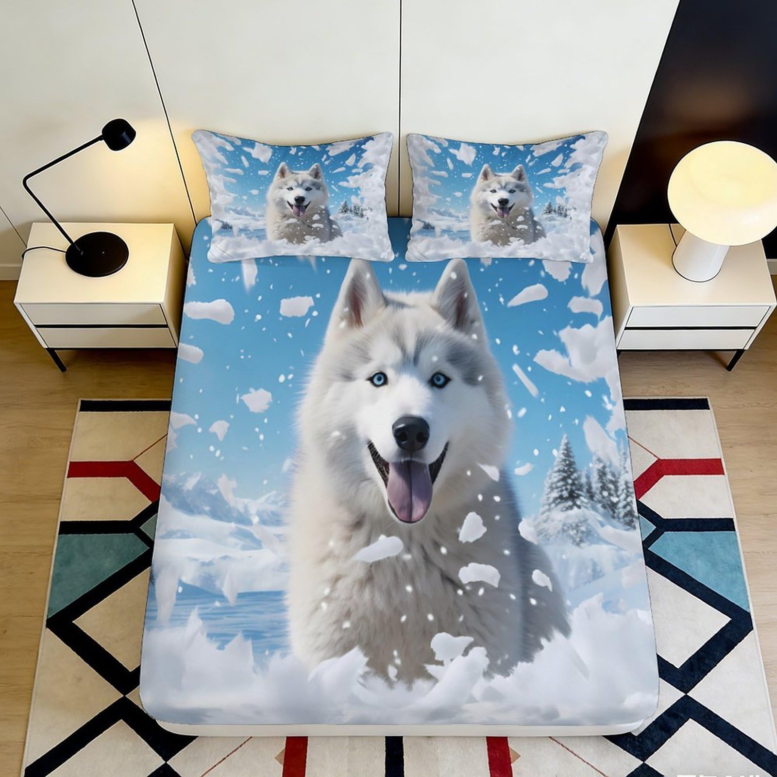3D Printed Snow Wolf Fitted Sheet Microfiber Anti-Slip Bed Cover for Bedroom Guest Room Machine Washable Decor 90x200x25cm