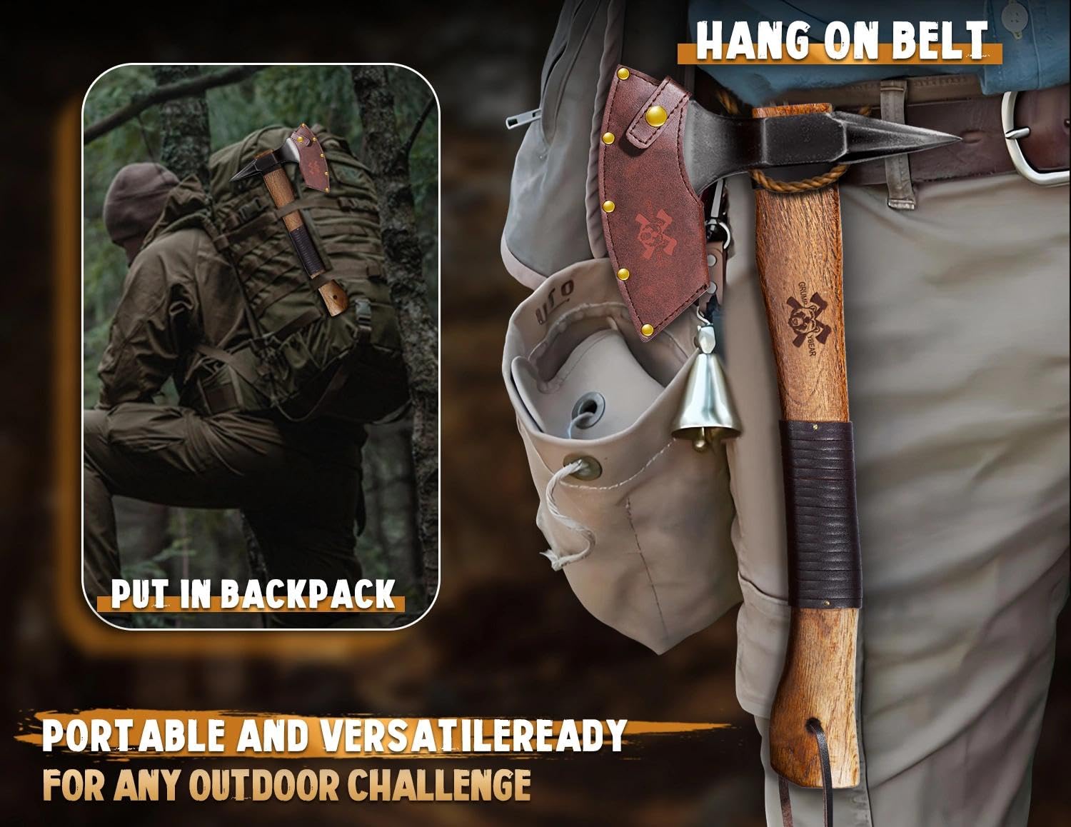 Beil Outdoor Holz Spalten Handgeschmiedet Handbeil mit Kuhfuß,Bushcraft Axt mit Holzgriff und Lederscheide,Camping Axt Geschenk für Männer Long