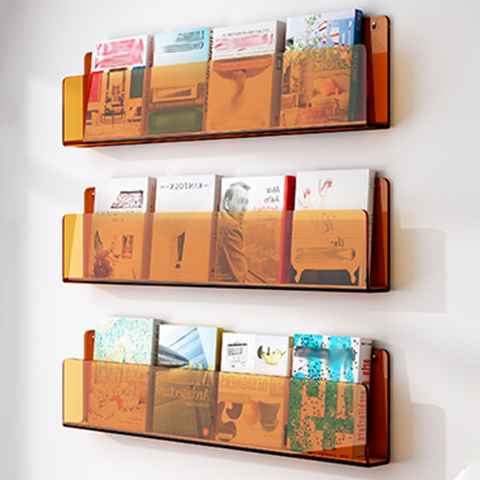 Fhslkxim 3 Pack Orange Clear Acrylic Wall-Mounted Magazine Holder - Stylish Literature Display Stand For Home Office, Versatile Brochure Rack For Books, Comics, Catalogs & Records - Space-Savin,,W 100Cm/39.4In