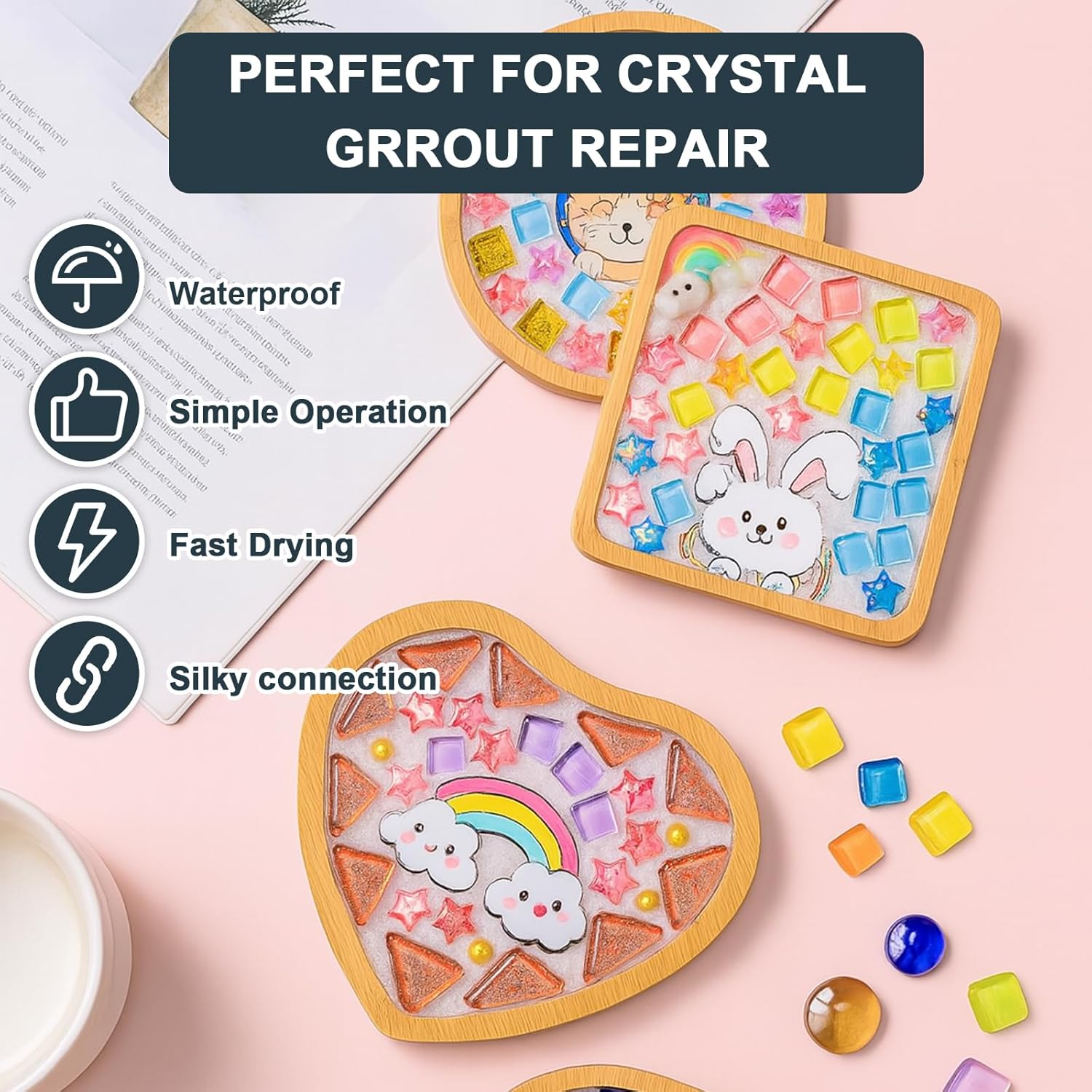 Professional Mosaic Grout for Crafts Blcak 400g - Quick-Dry Crystal Tile Grout with Contrast Color Technology, DIY Art Supplies for Mosaic Glass Decor, Handmade Gifts & Home Improvement Projects