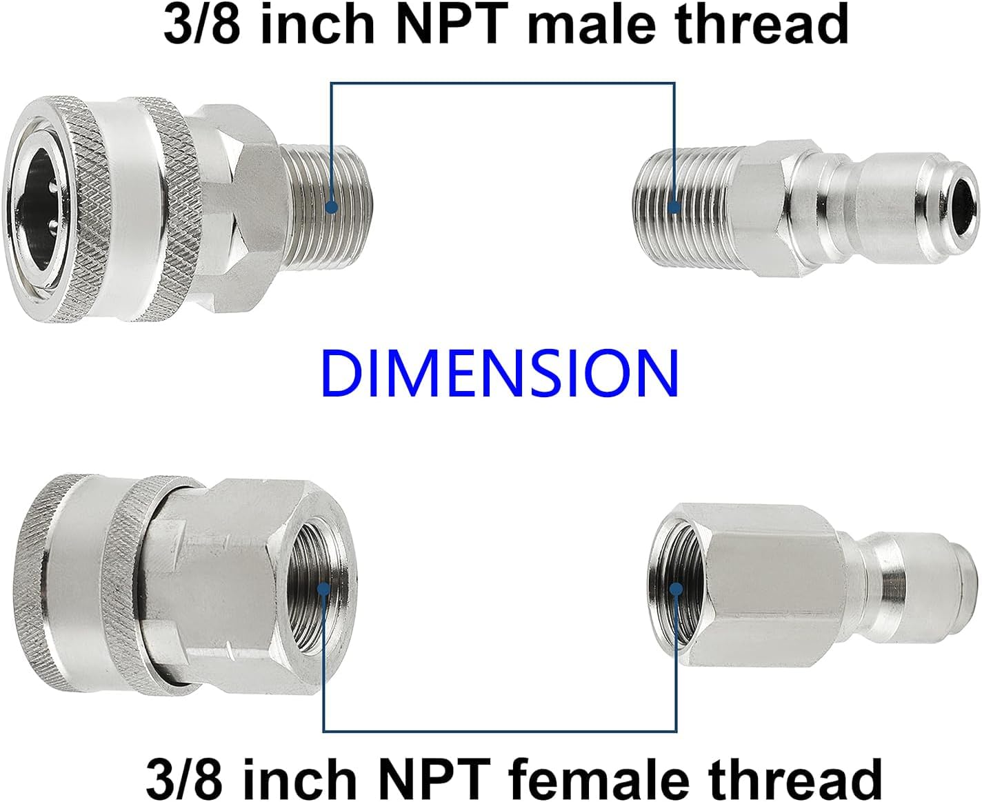 3/8 Quick Connect Fittings,Pressure Washer Quick Connect Kit,Stainless Steel Adapter Set Female and Male Thread(8 Pieces)