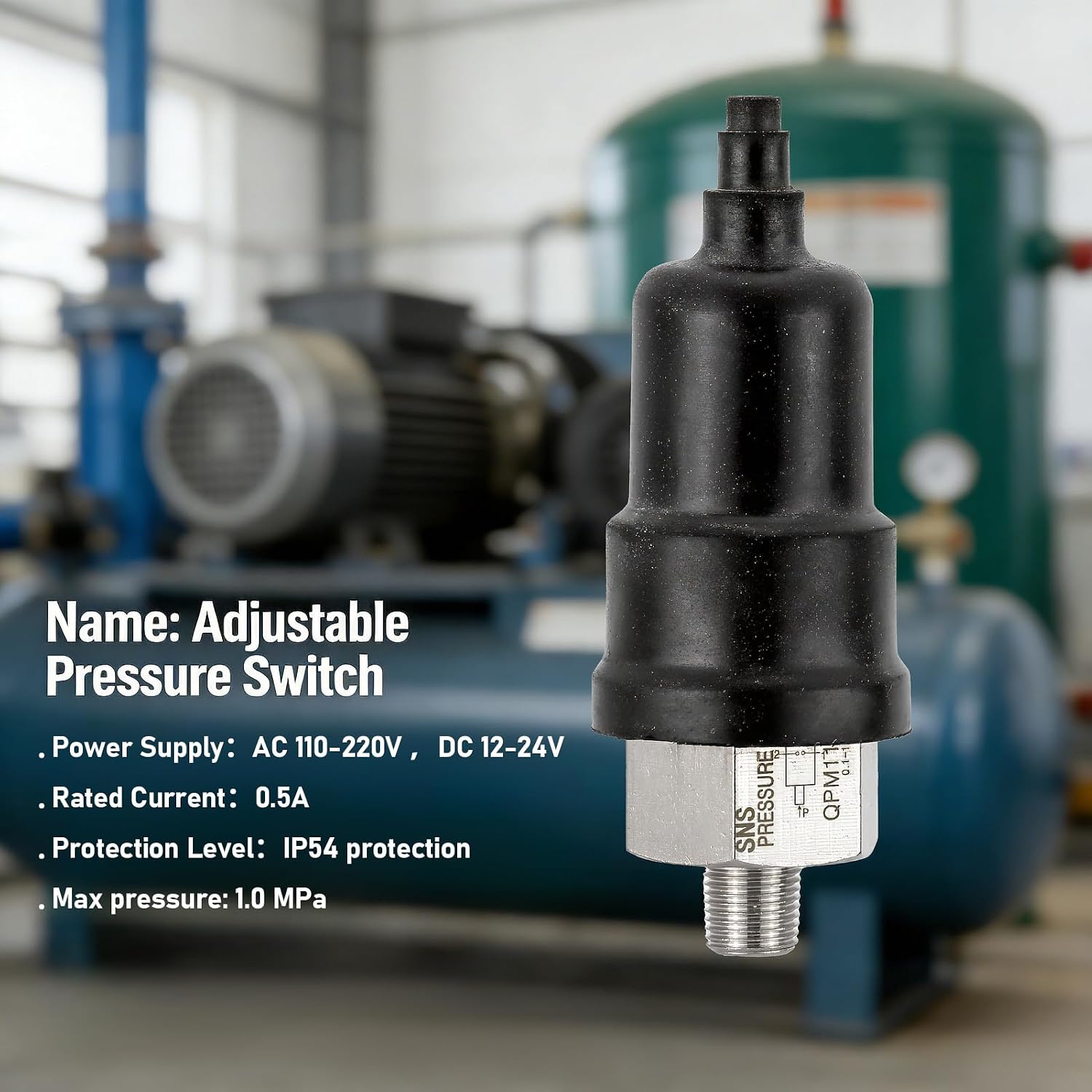 Stainless Steel Adjustable Pneumatic Pressure Control Switch for Pump | 1/8" PT Thread, QPM11-NO, Normally Open Type, Air Adjustable Pressure Switch
