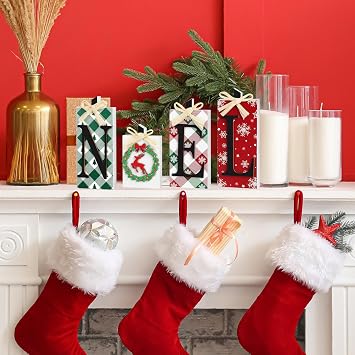 Christmas Wooden Noel Decorations,4Pcs Rustic Christmas Table Sign Decor,Letter Freestanding Xmas Centerpiece Table Tiered Tray Sign for Indoor Party New Year Winter Holiday Home Fireplace