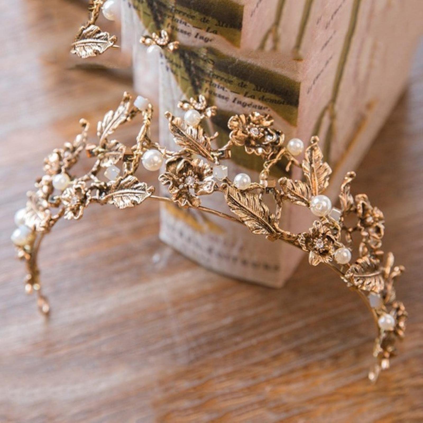 KDFN Vintage Baroque Gold Pearl Leaf Bridal Tiara Crystal Crown Hairband Headpiece Vine Tiara Wedding Hair Accessories Bride Headband-As Photo