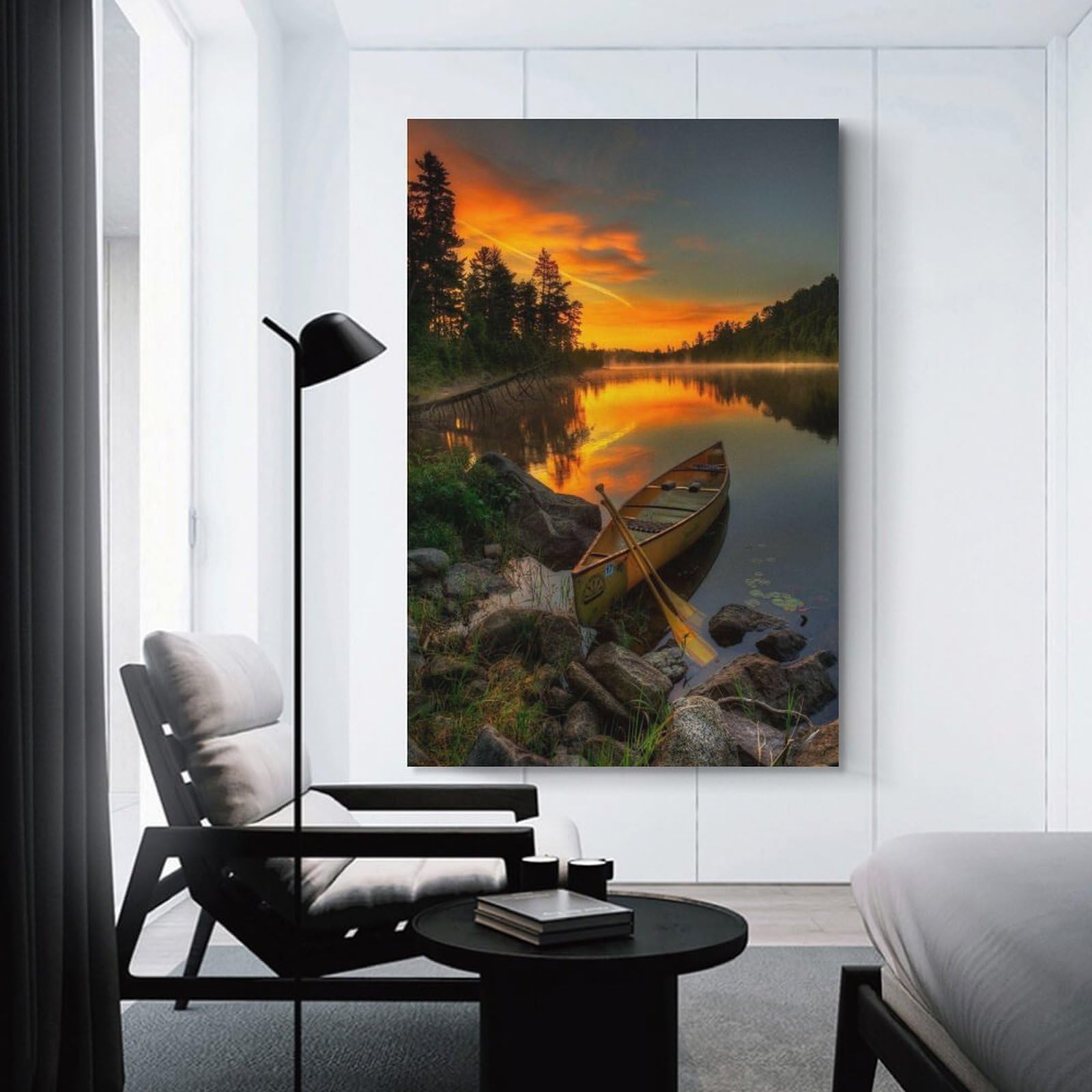 Golden Hour Sunset Canoe on Tranquil Lake Nature Scenery Poster