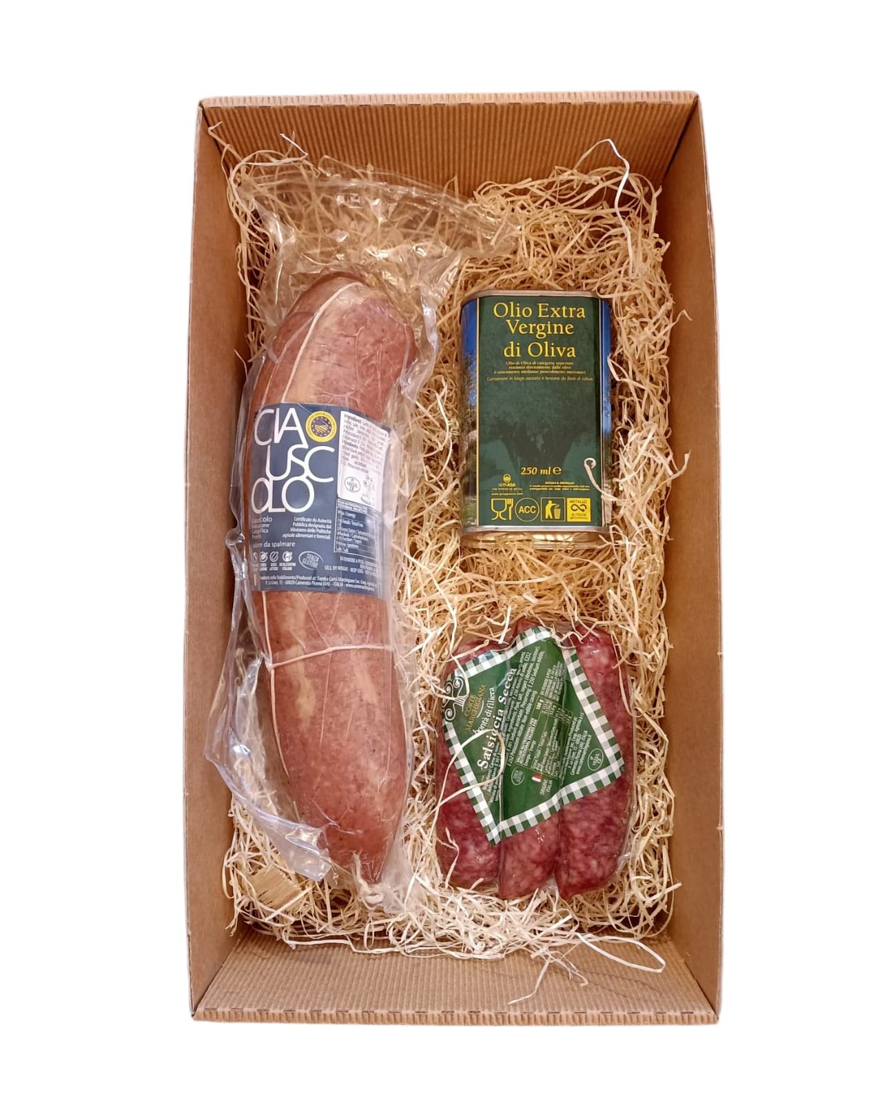 Confezione Regalo, prodotti tipici delle marche, salsicce secche, ciauscolo e lattina olio