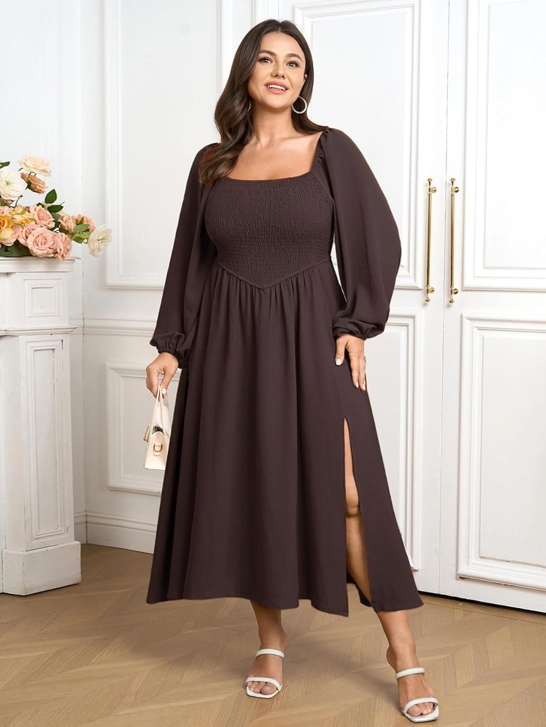 SCOMCHIC Women's Plus Size Fall Dresses Long Sleeve Square Neck Smocked Flowy A-Line Formal Wedding Guest Maxi Dress - Image 7