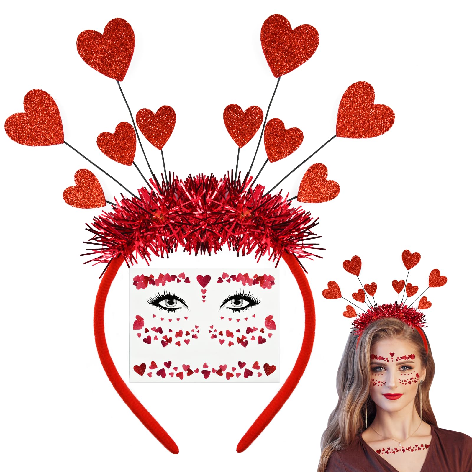 BOFUNX Cerchietto A Cuore Con Adesivi Viso A Forma Di Cuore - 2 Pezzi, Per San Valentino, Carnevale, Compleanni E Feste A Tema
