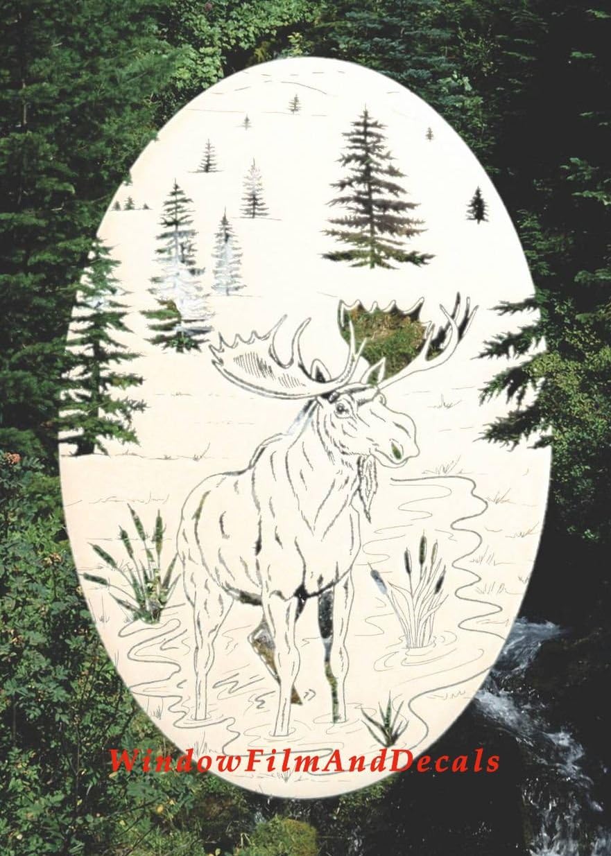 Moose Scene Oval Etched Window Decal Vinyl Glass Cling - 21" x 33" - White with Clear Design Elements