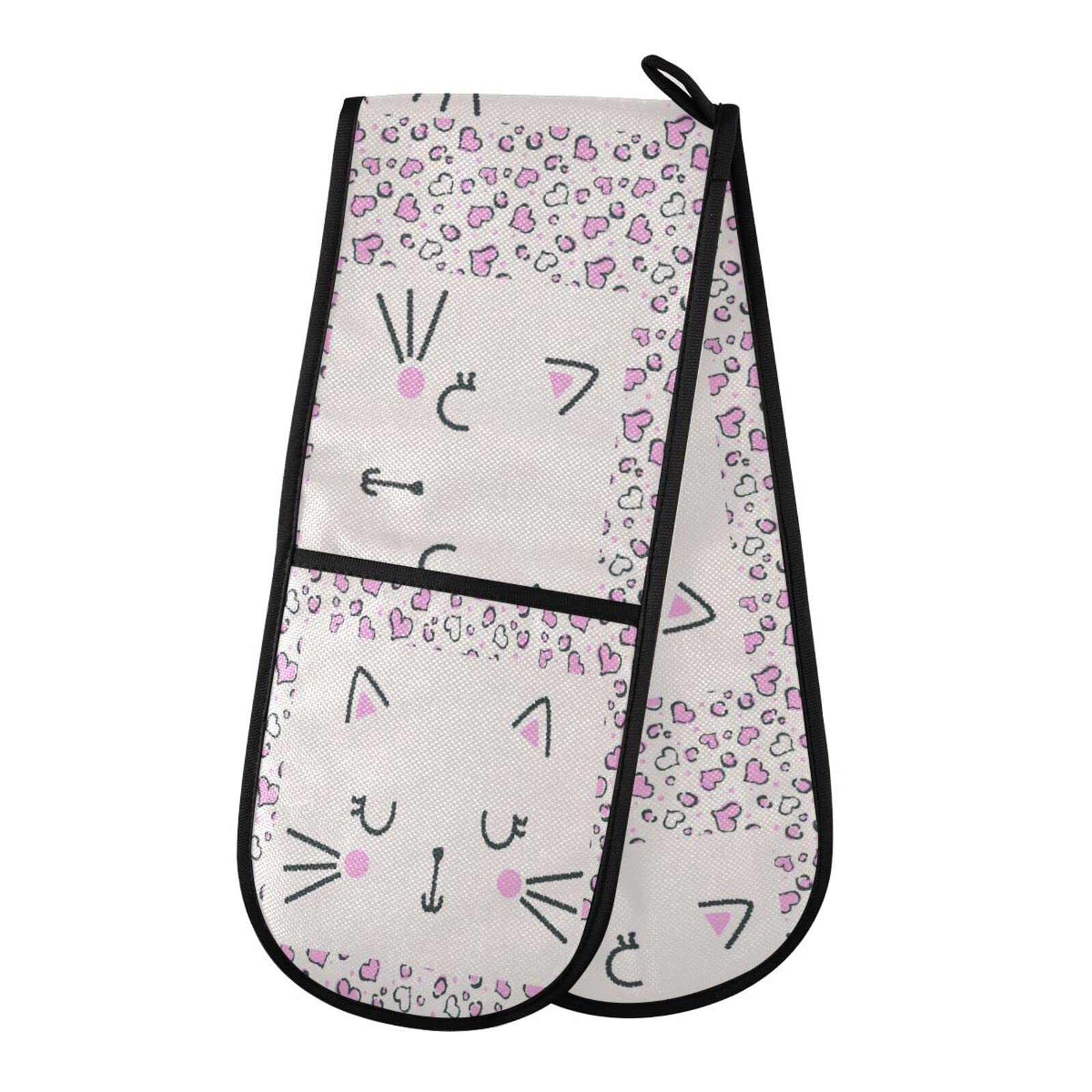 Double Oven Glove Cute Cat Face Heat Resistant Double Ovens Mitt Modern Cooking Gloves Potholders — image 1