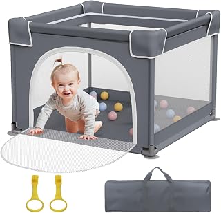 Jixrolyn 36x36 Small Playpen for Babies & Toddlers - Breathable Mesh, Anti-Slip Suction Cups, Zipper Gate, Pull-Up Rings, Portable Play Yard