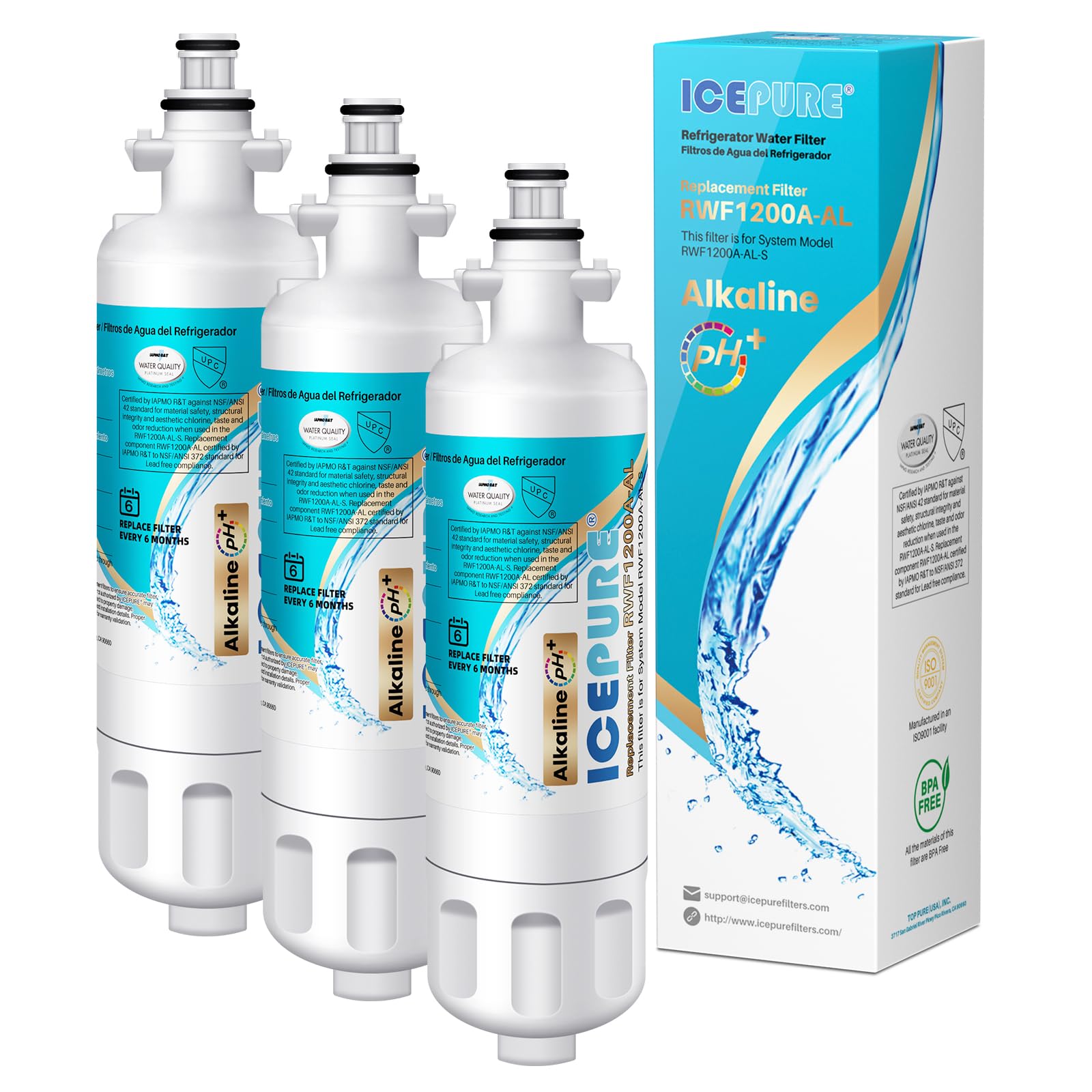 ICEPURE Alkaline ADQ36006101 Water Filter Replacement for LG LT700P,3PACK