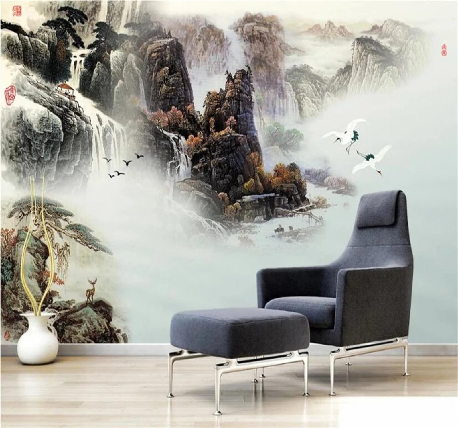 Wallpaper-3D-Xlm 300Cm×210Cm(B×H) Ink Wash Landscape Waterfall Birds In Flight Scenery 3D Wallpaper Easy Install Feature Office Living Room Sofa Bedroom Tv Background Wall Decoration-300Cm×210Cm
