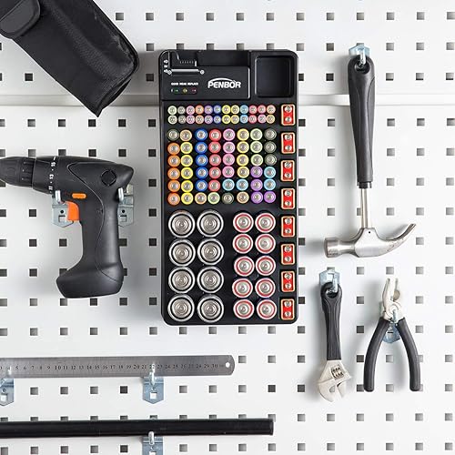 Miniatura 7 de Estuche organizador de baterías sin cierre de tapa, probador de baterías portátil, ranura de tamaño justo con diseño montado en la pared, capacidad