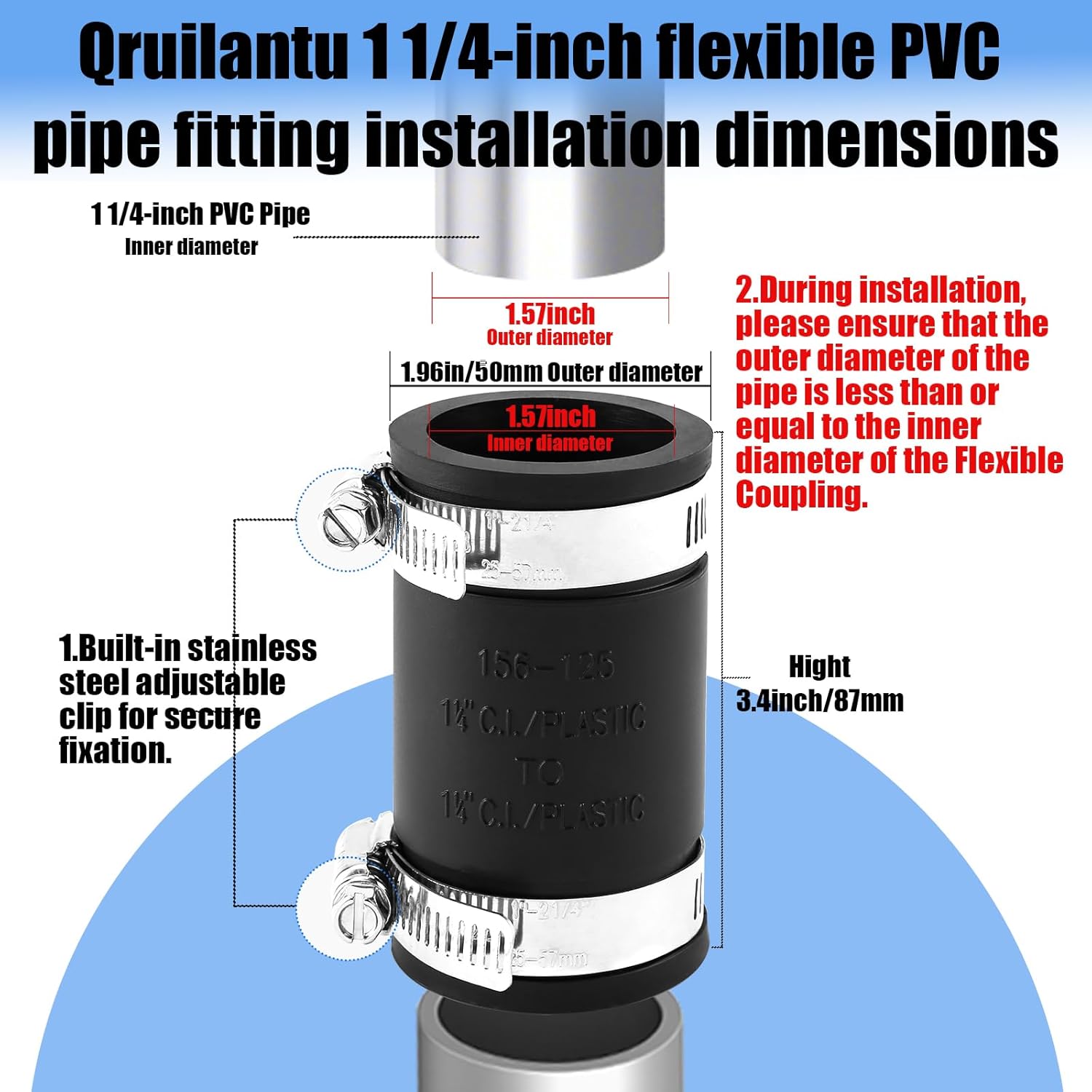 3 Pcs 1 1/4" Flexible Pvc Pipe Coupling with Stainless Steel Clamp, Flexible Fitting for Connecting Cast Iron, Plastic and Copper Pipes, for Sewer and Drain Connections(Black)