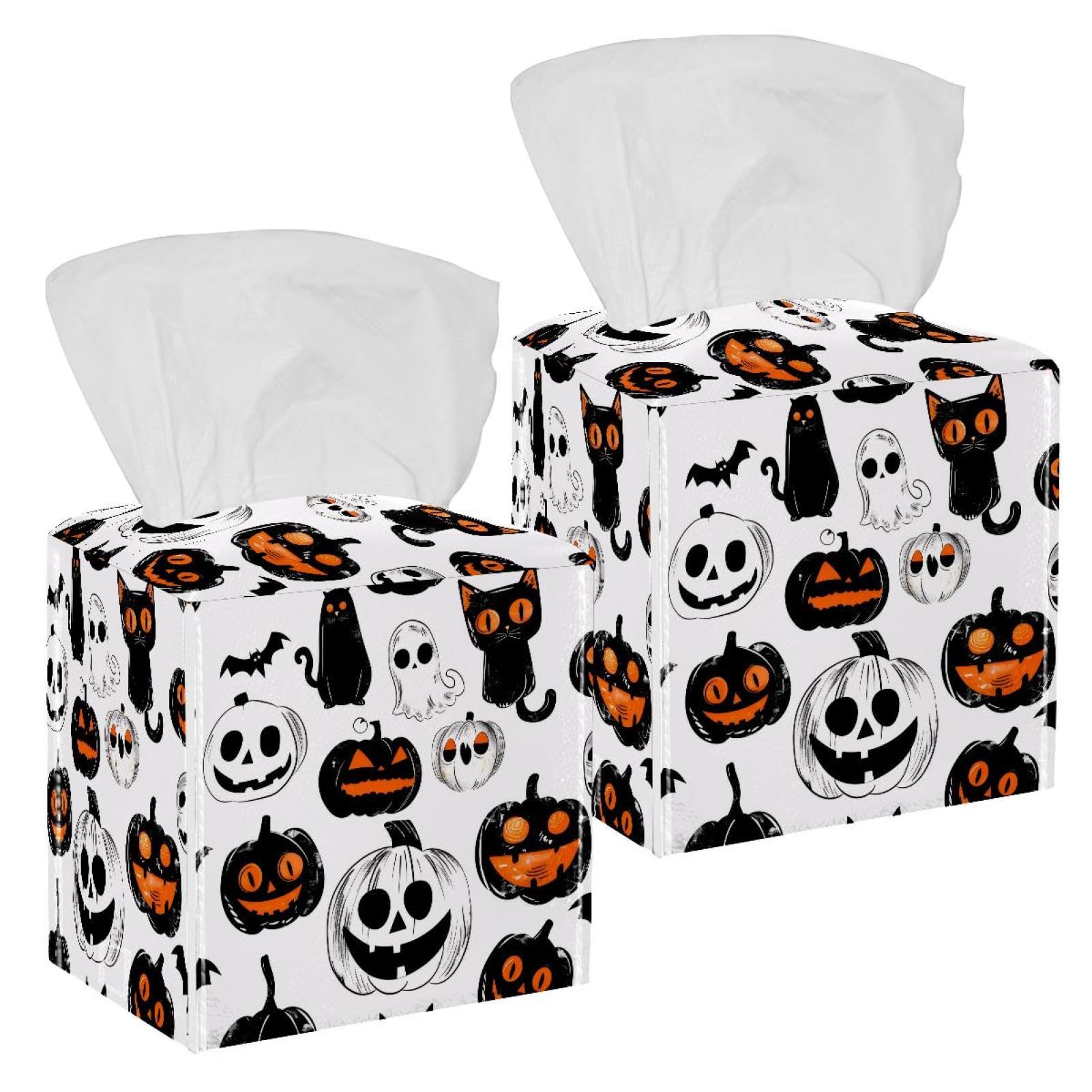 Halloween Pumpkin Bat Tissue Box Cover, 2 Pack PU Leather Square Facial Tissue Dispenser Box holder for Home Office Car
