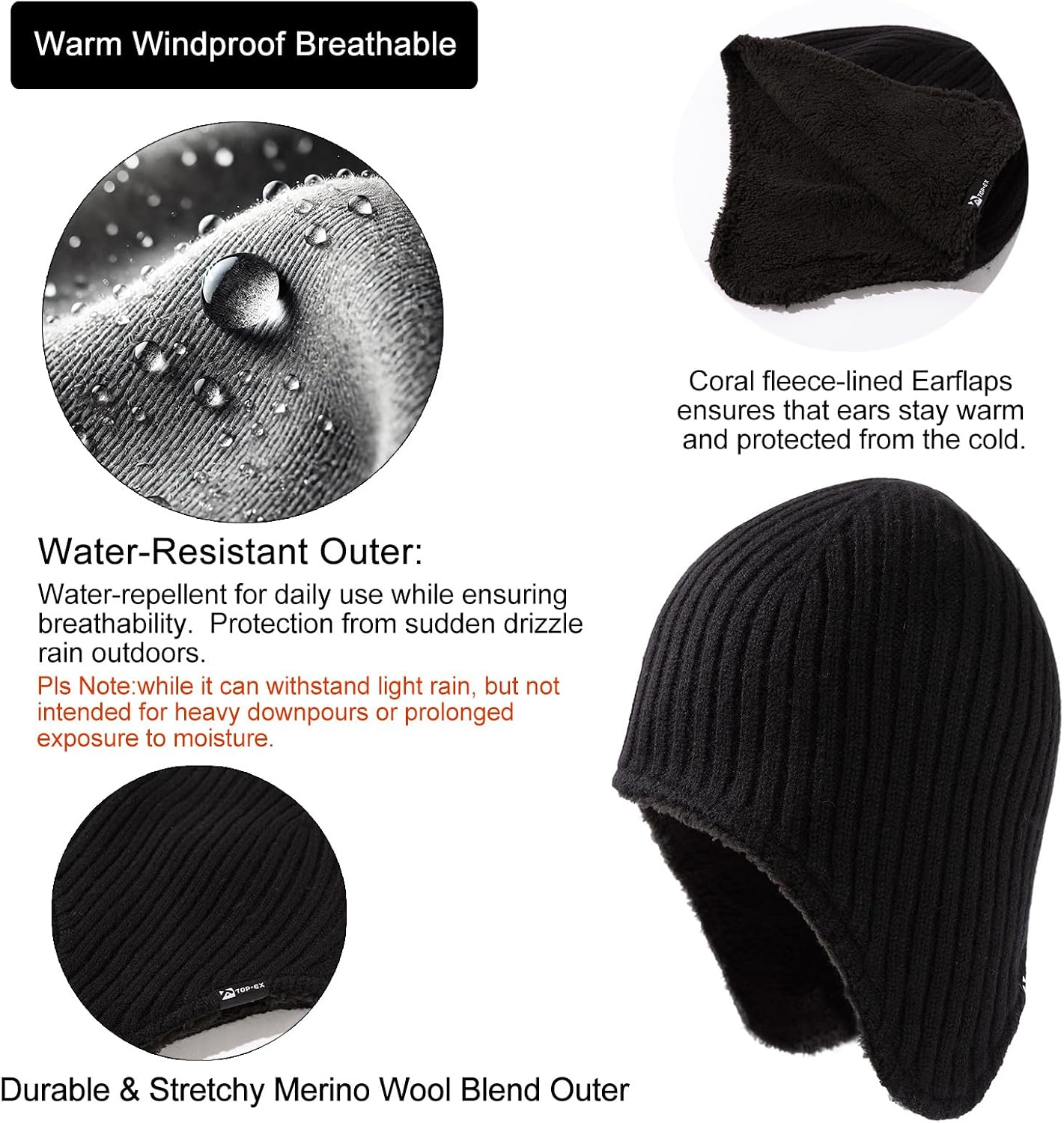 TOP-EX Oversized XL/XXL Merino Wool Blend Waterproof Earflap Beanie Fleece Lined Hat Winter Skull Cap