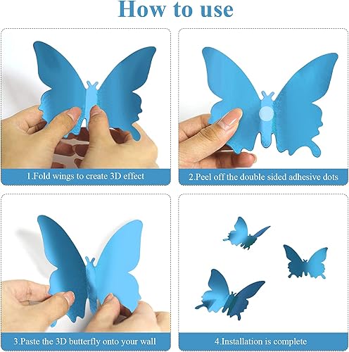 Miniatura 4 de CAYUDEN - Calcomanías de pared 3D de mariposa, 24 piezas extraíbles de 3 tamaños 3D de mariposa azul para decoración de pared, calcomanías de pared