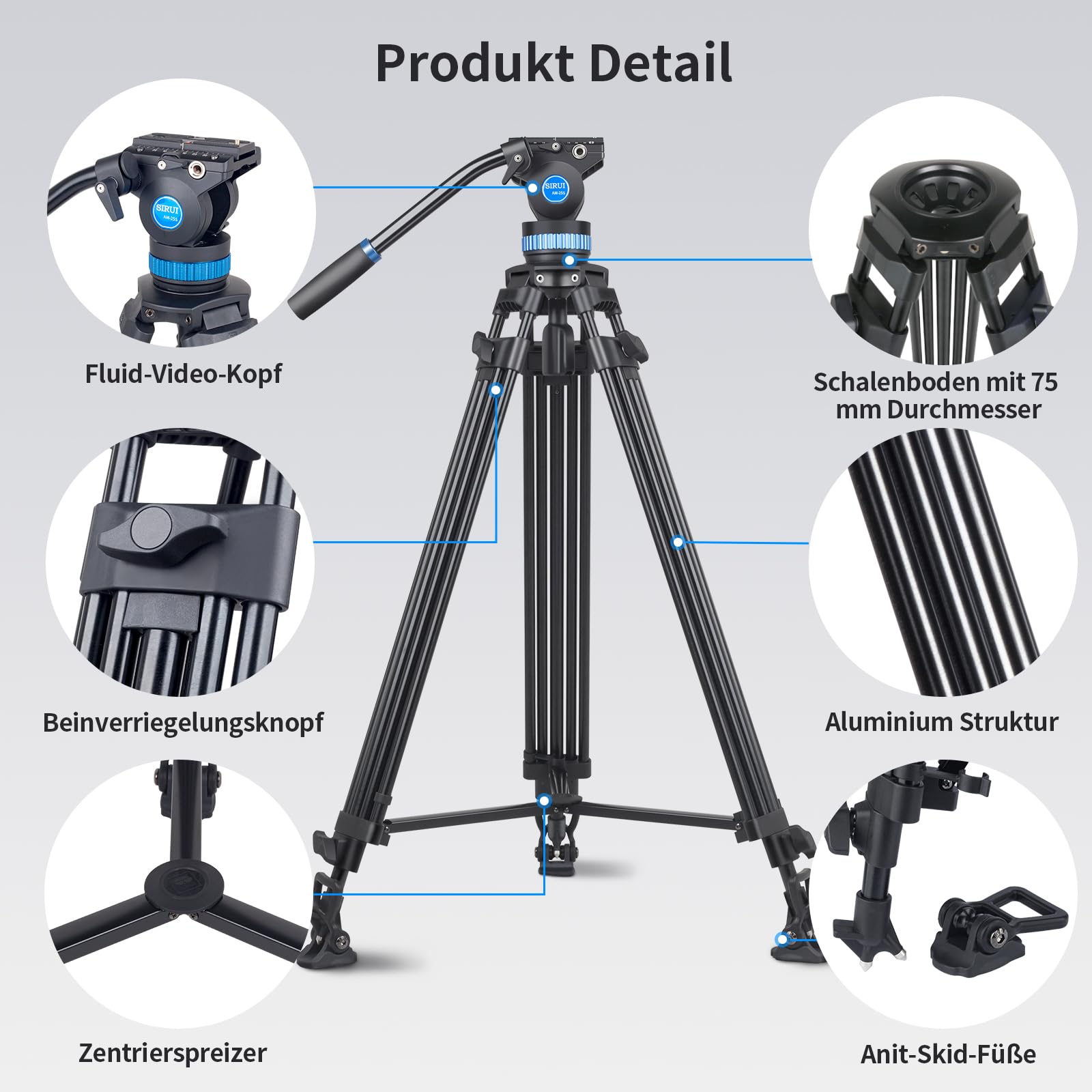 SIRUI AM-25S Profi Videostativ mit Fluidkopf, 190cm Aluminium Dreibein-Stativ für Kameras DSLR, 10KG Belastung