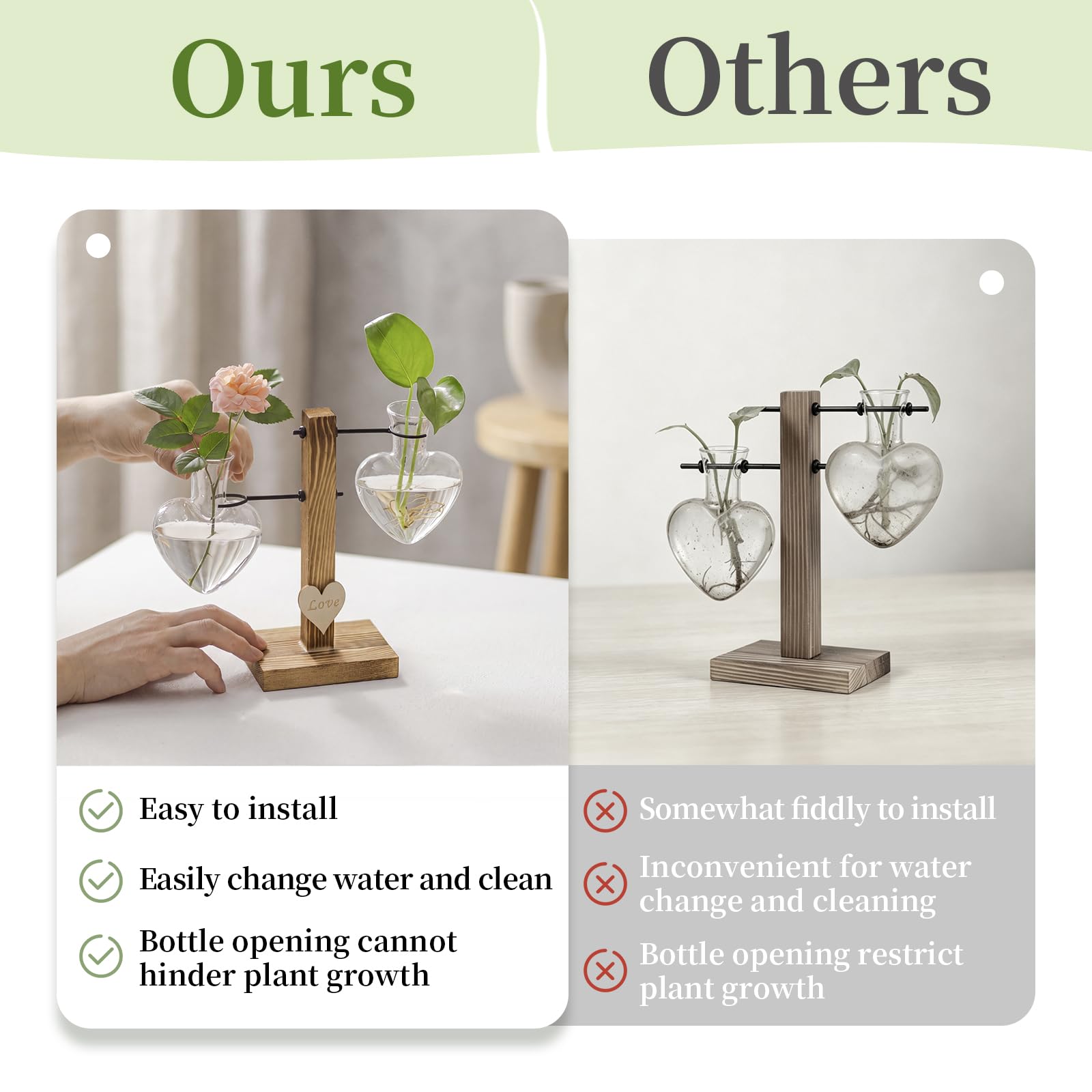 Terrarium De Plantes en Verre avec Support en Bois, Vases Hydroponiques en Verre à Double Cœur Créatif, Station De Propagation De Plantes Modernes, Ampoule De Jardinière De Bureau