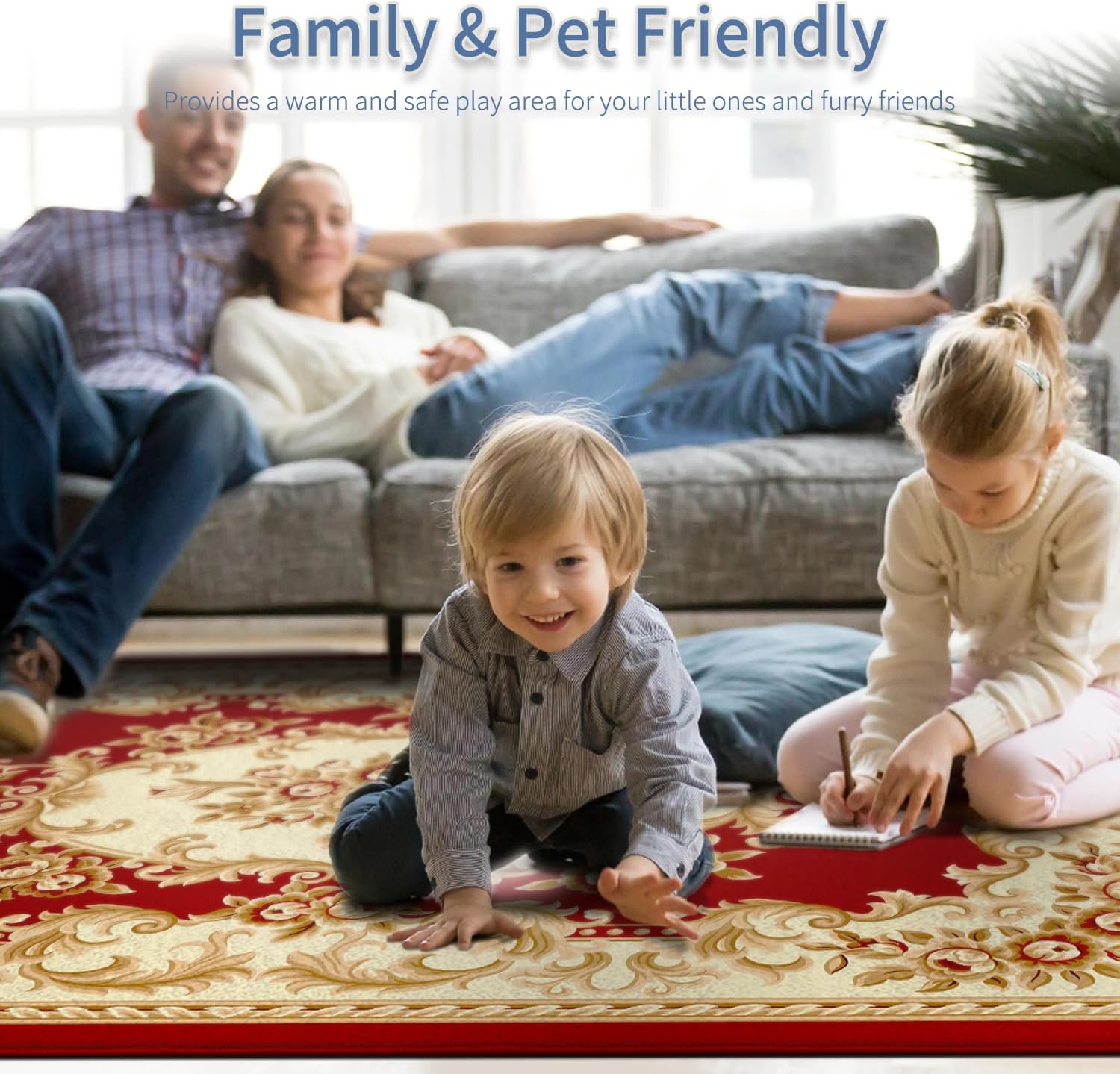 Enkor Vintage Floral Area Rug 5x7 Washable Non Slip Farmhouse Flower Rugs for Living Room, Bedroom, Kids Room Red - Image 3