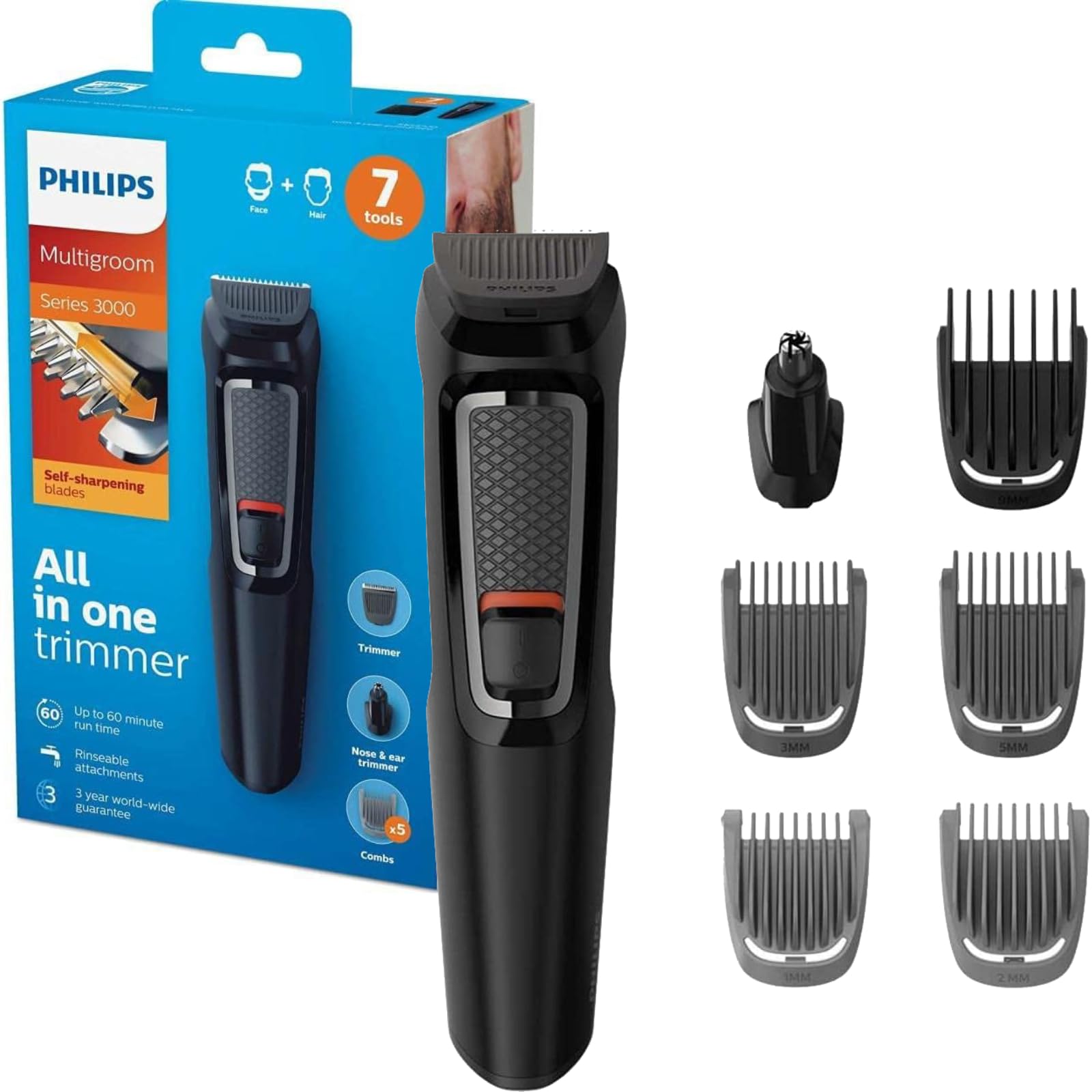 Philips Multigroom Série 3000, Tondeuse Multi-styles 7-en-1 pour Visage, Cheveux et Corps avec Technologie DualCut (Modèle MG3720/15)
