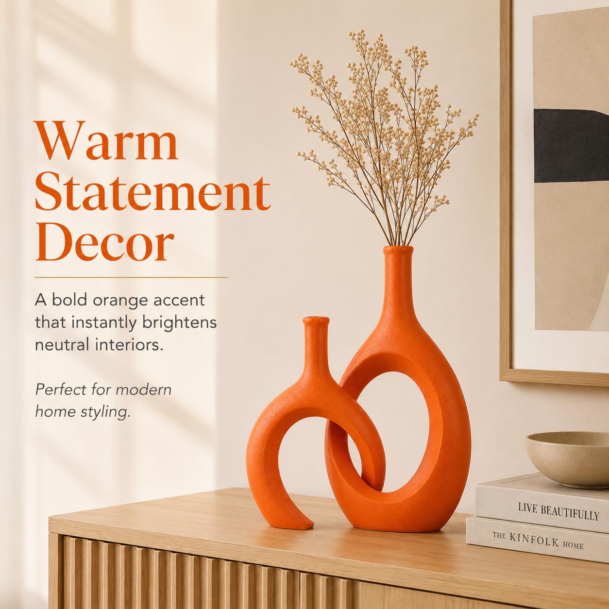 Orange Keramik Vase Set 2 für Moderne Wohnkultur, Runde Matte Donut Vasen für Pampasgras, Nordischer Minimalismus Boho Stil Dekor für Wohnzimmer Hochzeit Abendessen Tisch Party Büro Schlafzimmer